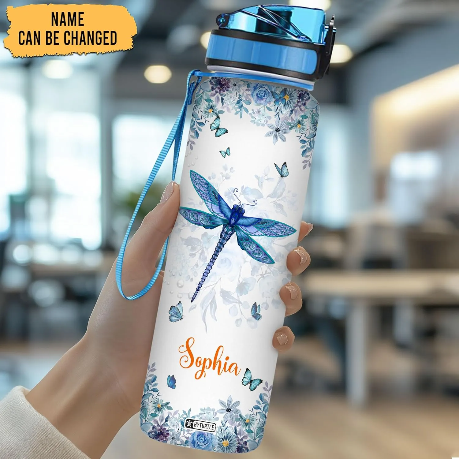 Hyturtle Personalized Dragonfly Water Bottle - 32oz Inspirational Motivational Water Bottle with Leak-Proof Lid, Time Marker - Custom Name Gift for Women, Girls, Dragonfly Lovers On Birthday Christmas