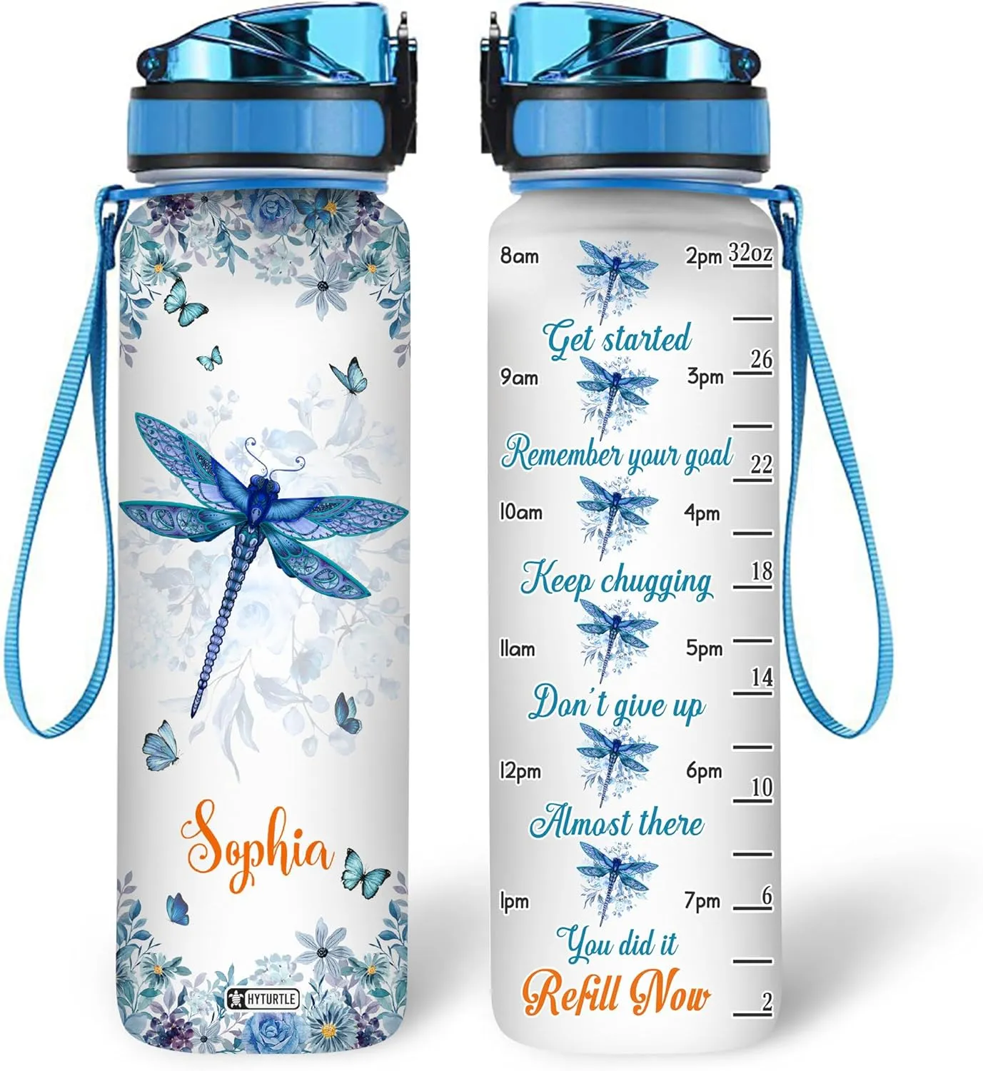 Hyturtle Personalized Dragonfly Water Bottle - 32oz Inspirational Motivational Water Bottle with Leak-Proof Lid, Time Marker - Custom Name Gift for Women, Girls, Dragonfly Lovers On Birthday Christmas
