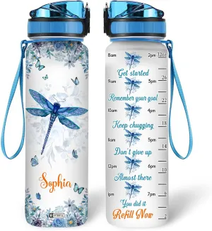 Hyturtle Personalized Dragonfly Water Bottle - 32oz Inspirational Motivational Water Bottle with Leak-Proof Lid, Time Marker - Custom Name Gift for Women, Girls, Dragonfly Lovers On Birthday Christmas