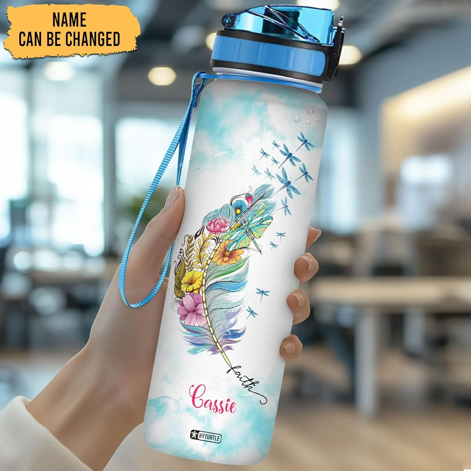 Hyturtle Personalized Dragonfly Water Bottle - 32oz Motivational Water Bottle with Leak-Proof Lid & Time Marker - Custom Name Faith-Inspired Gift for Women, Dragonfly Lovers on Birthday Christmas