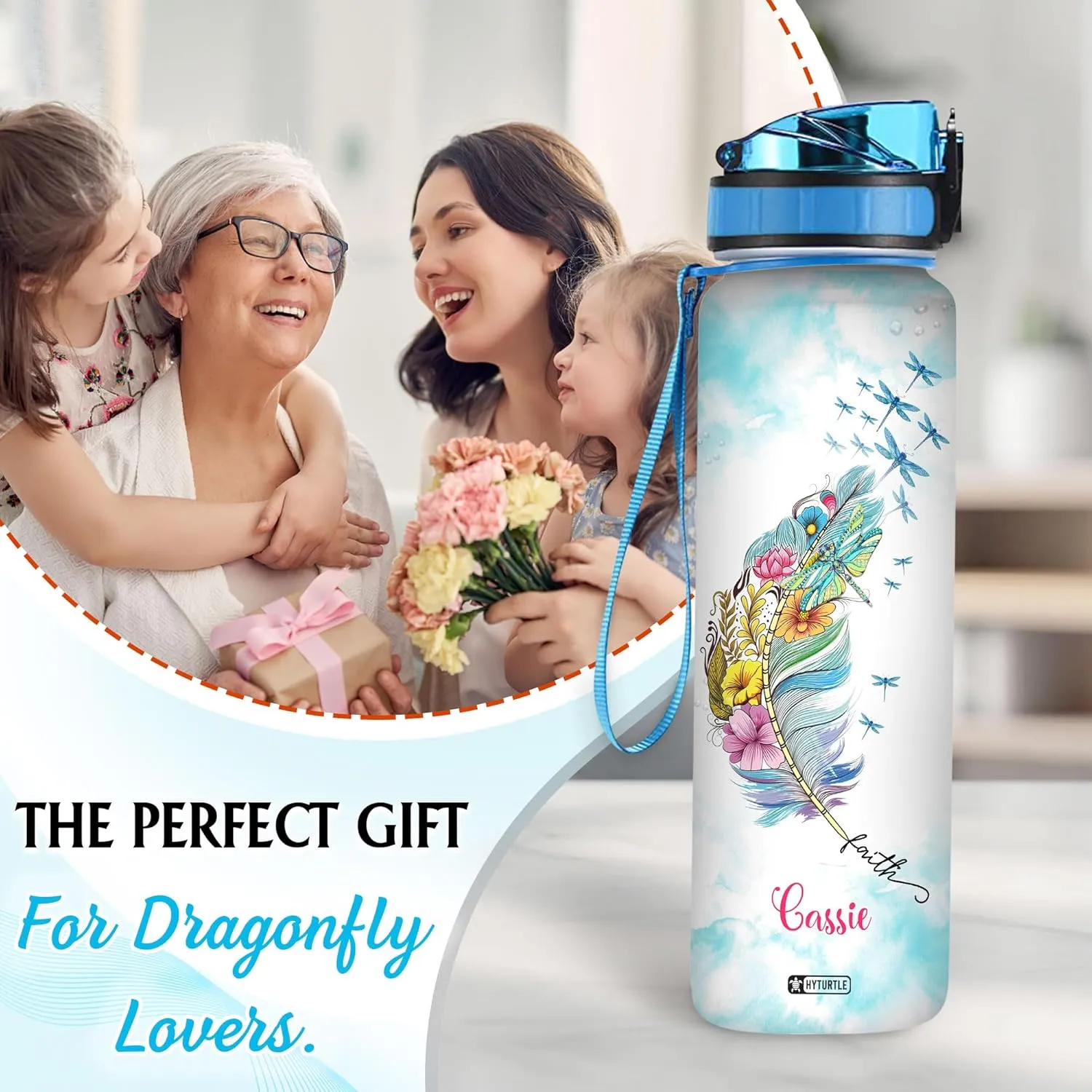 Hyturtle Personalized Dragonfly Water Bottle - 32oz Motivational Water Bottle with Leak-Proof Lid & Time Marker - Custom Name Faith-Inspired Gift for Women, Dragonfly Lovers on Birthday Christmas