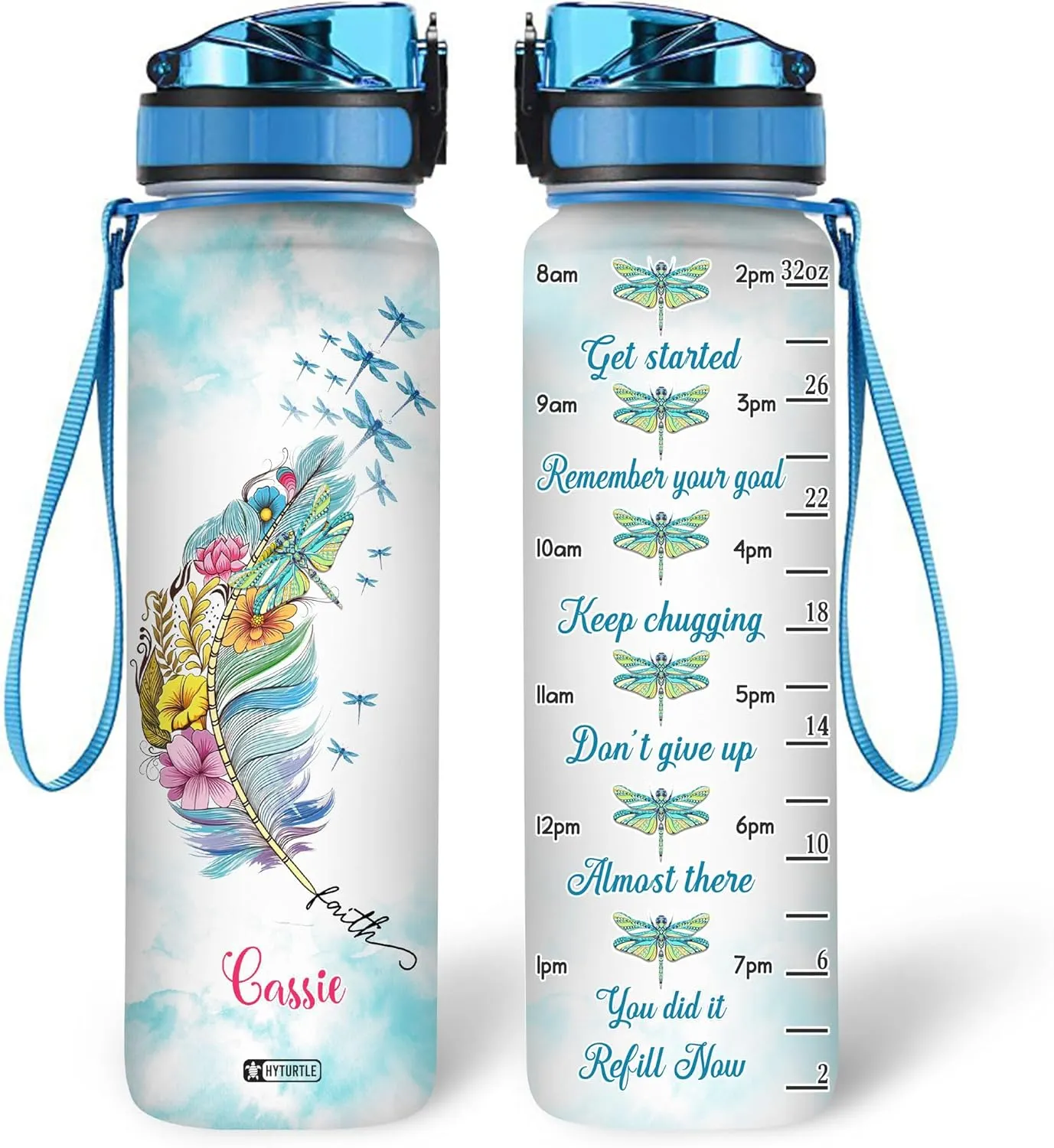 Hyturtle Personalized Dragonfly Water Bottle - 32oz Motivational Water Bottle with Leak-Proof Lid & Time Marker - Custom Name Faith-Inspired Gift for Women, Dragonfly Lovers on Birthday Christmas