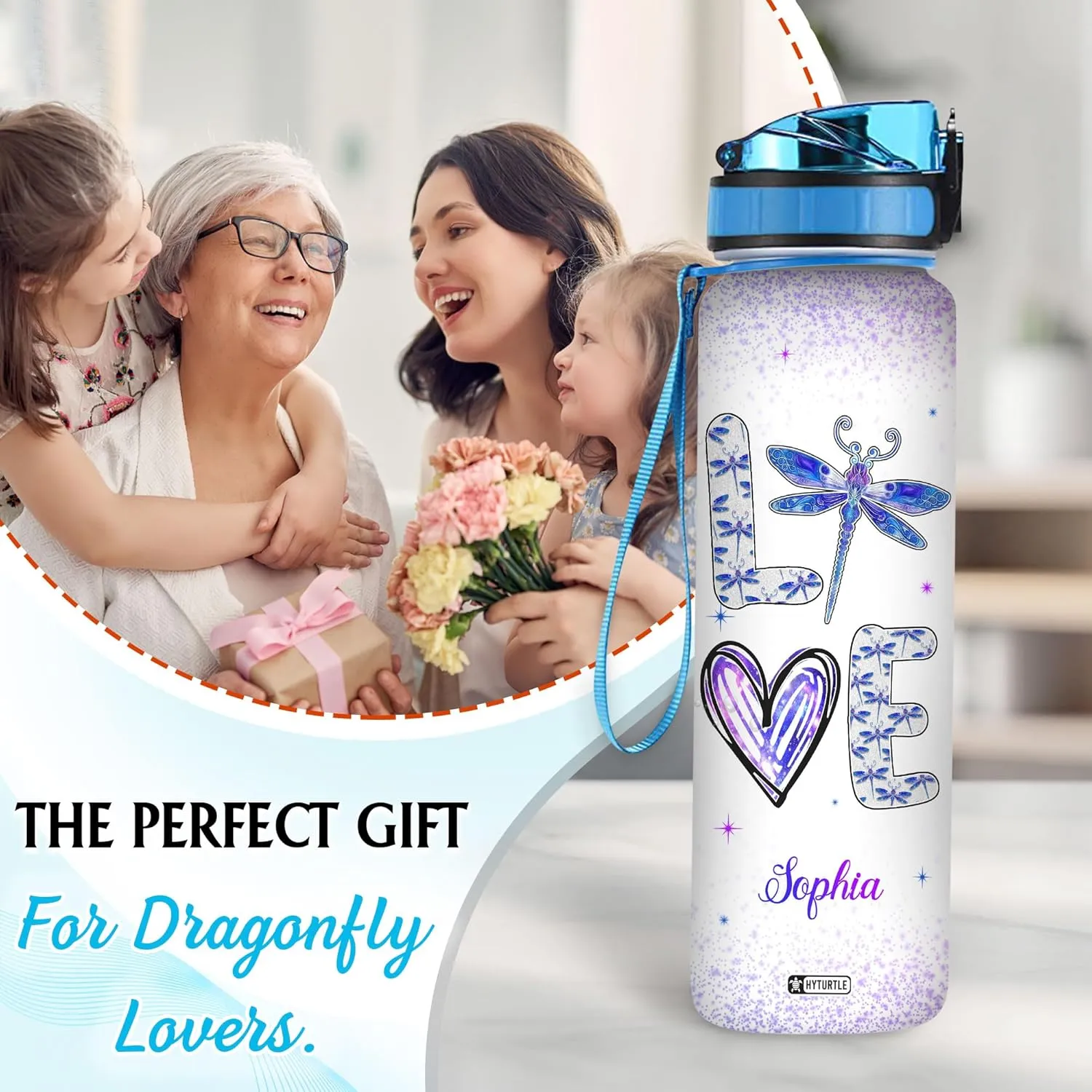 Hyturtle Personalized Dragonfly Water Bottle - 32oz Motivational Water Bottle with Leak-Proof Lid, Time Marker - Custom Name Floral Gift for Women, Girls, Dragonfly Lovers On Birthday Christmas