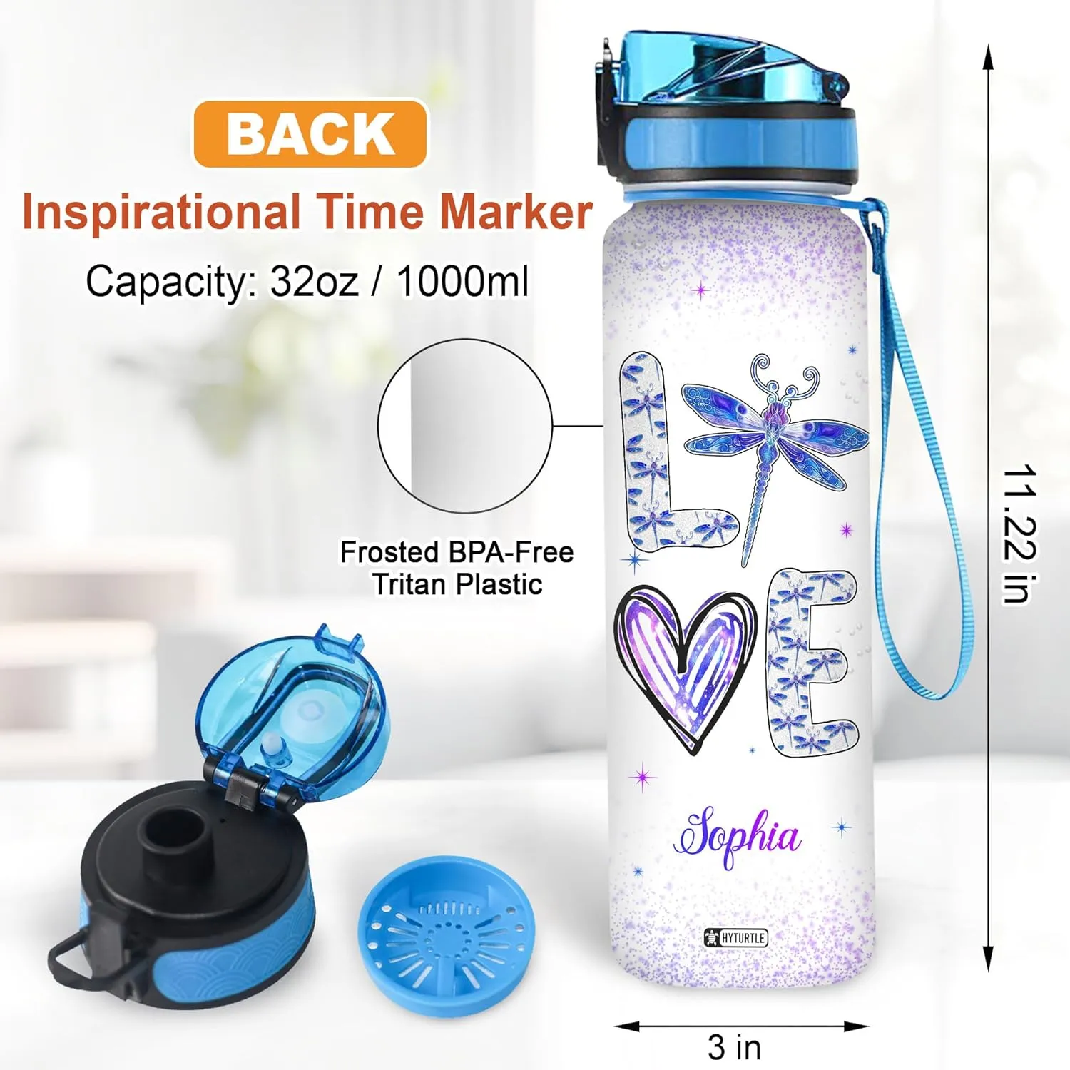 Hyturtle Personalized Dragonfly Water Bottle - 32oz Motivational Water Bottle with Leak-Proof Lid, Time Marker - Custom Name Floral Gift for Women, Girls, Dragonfly Lovers On Birthday Christmas