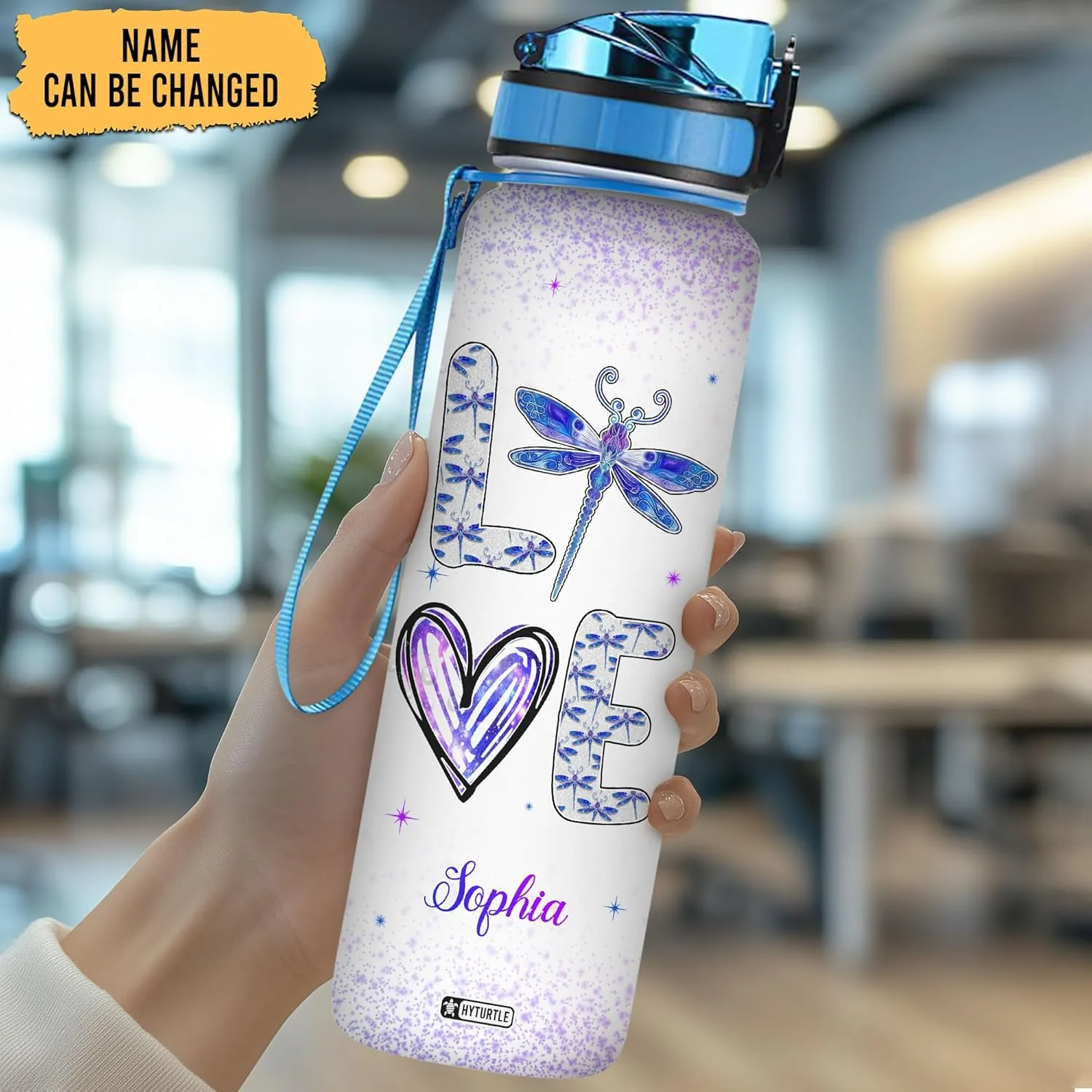 Hyturtle Personalized Dragonfly Water Bottle - 32oz Motivational Water Bottle with Leak-Proof Lid, Time Marker - Custom Name Floral Gift for Women, Girls, Dragonfly Lovers On Birthday Christmas