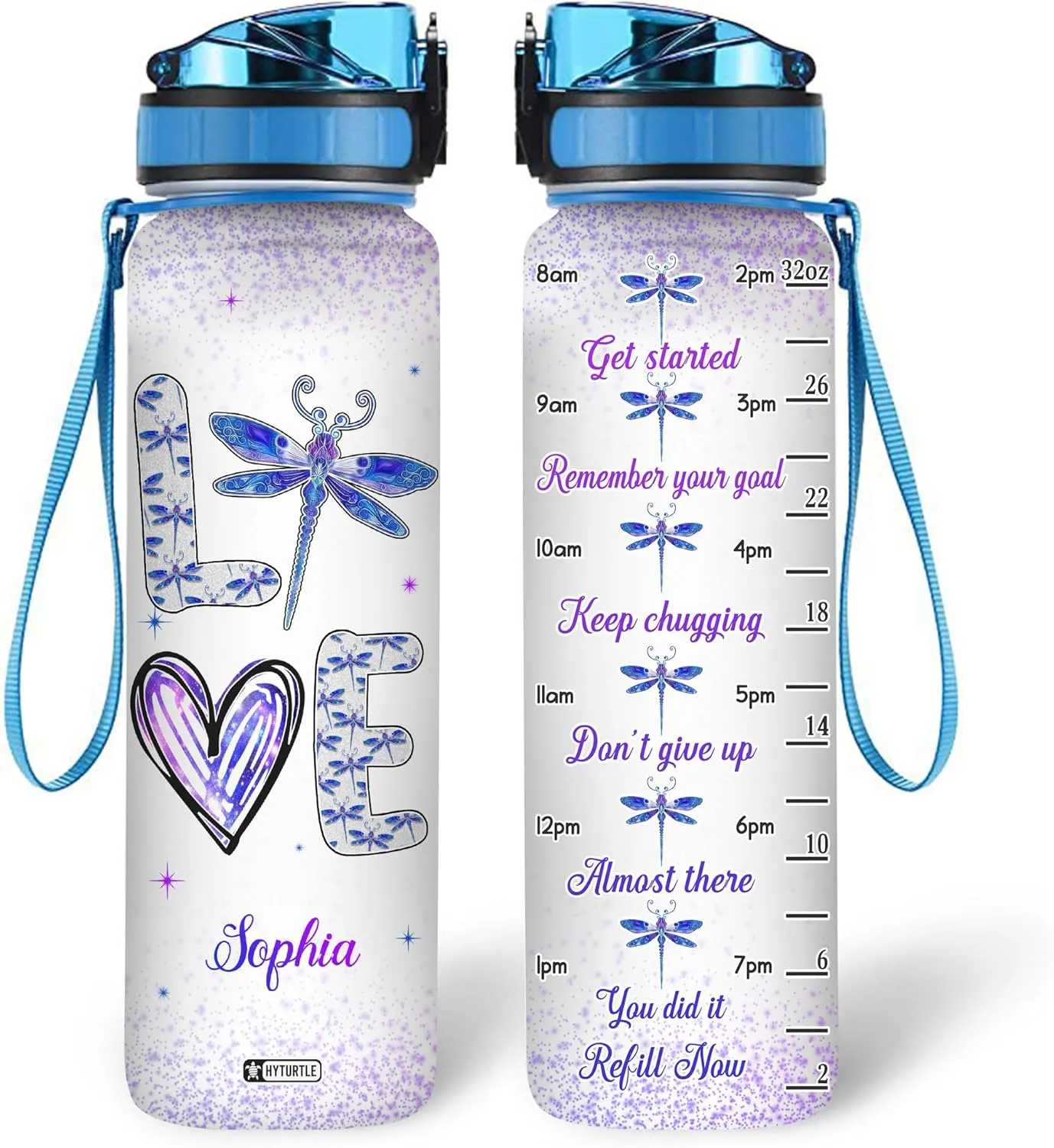 Hyturtle Personalized Dragonfly Water Bottle - 32oz Motivational Water Bottle with Leak-Proof Lid, Time Marker - Custom Name Floral Gift for Women, Girls, Dragonfly Lovers On Birthday Christmas