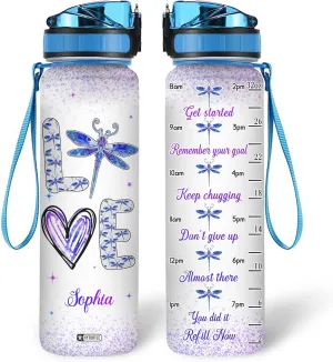 Hyturtle Personalized Dragonfly Water Bottle - 32oz Motivational Water Bottle with Leak-Proof Lid, Time Marker - Custom Name Floral Gift for Women, Girls, Dragonfly Lovers On Birthday Christmas
