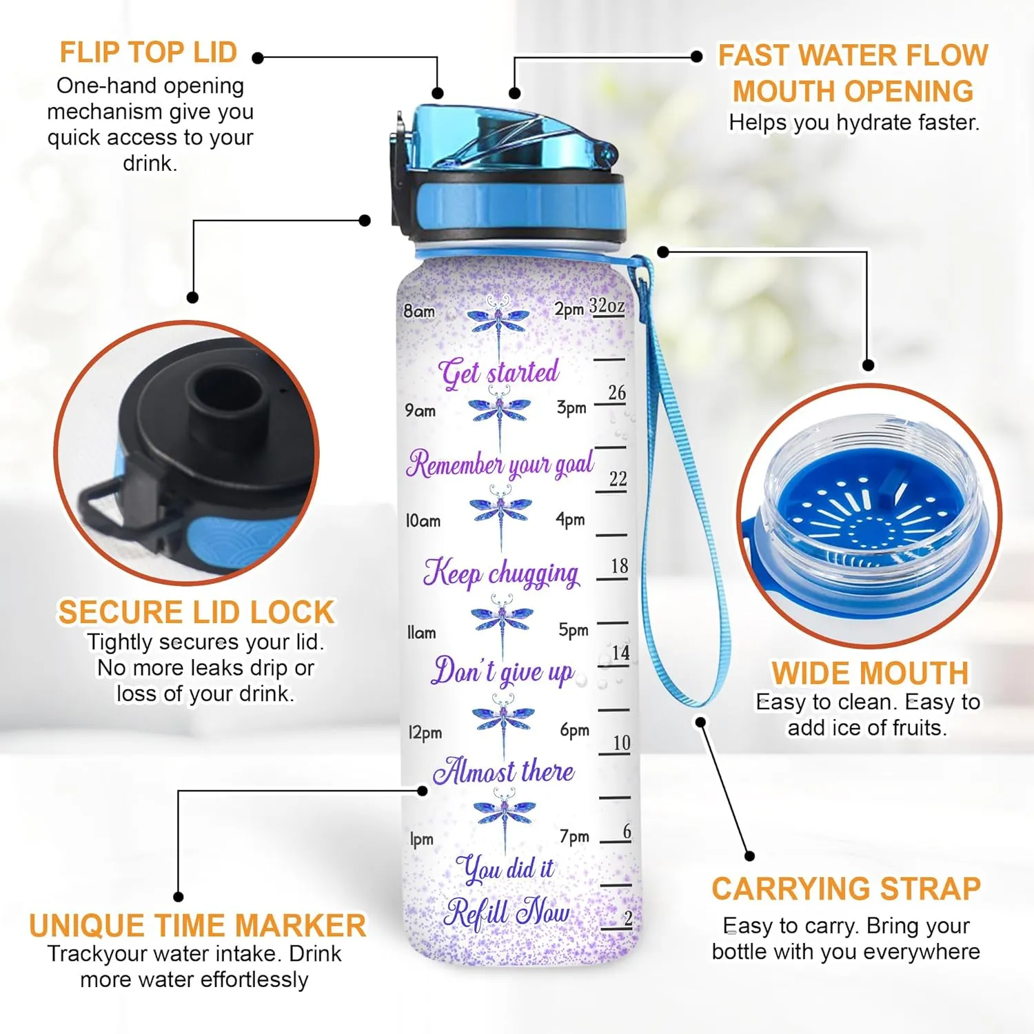 Hyturtle Personalized Dragonfly Water Bottle - 32oz Motivational Water Bottle with Leak-Proof Lid, Time Marker - Custom Name Floral Gift for Women, Girls, Dragonfly Lovers On Birthday Christmas