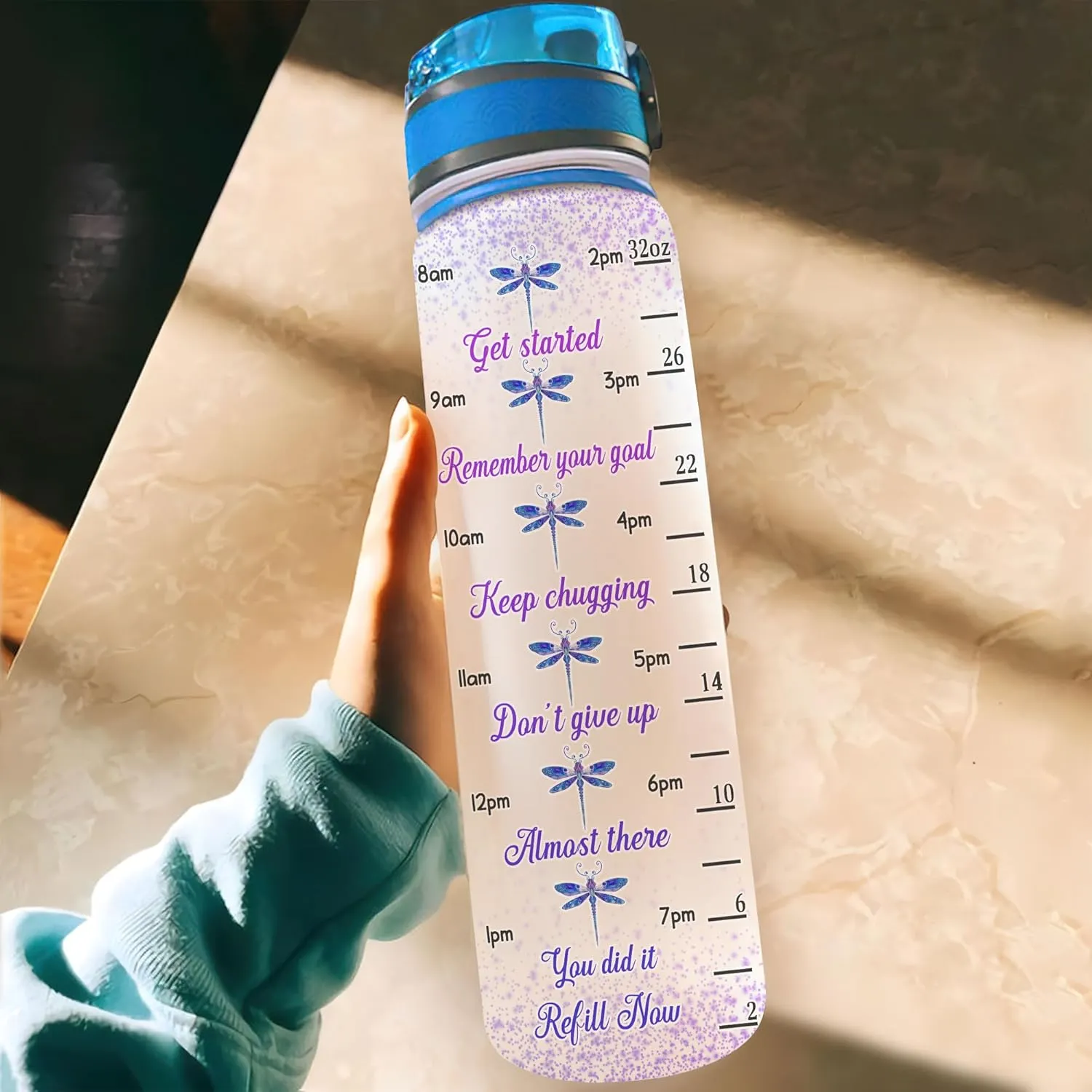 Hyturtle Personalized Dragonfly Water Bottle - 32oz Motivational Water Bottle with Leak-Proof Lid, Time Marker - Custom Name Floral Gift for Women, Girls, Dragonfly Lovers On Birthday Christmas