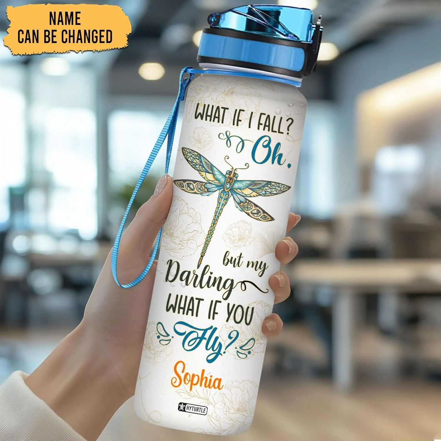 Hyturtle Personalized Dragonfly Water Bottle - 32oz Motivational Water Bottle with Leak-Proof Lid, Time Marker - Custom Name Gift for Women, Girls, Dragonfly & Tattoo Lovers On Birthday Christmas