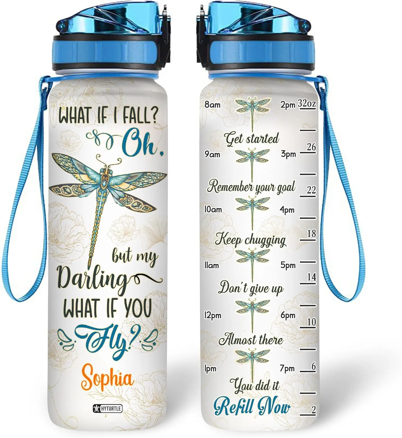 Hyturtle Personalized Dragonfly Water Bottle - 32oz Motivational Water Bottle with Leak-Proof Lid, Time Marker - Custom Name Gift for Women, Girls, Dragonfly & Tattoo Lovers On Birthday Christmas
