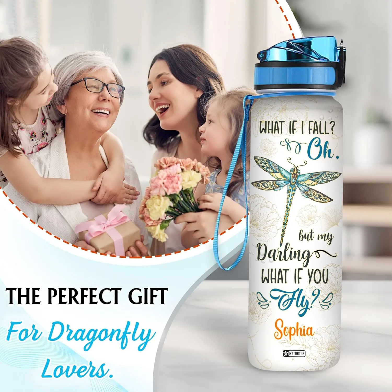 Hyturtle Personalized Dragonfly Water Bottle - 32oz Motivational Water Bottle with Leak-Proof Lid, Time Marker - Custom Name Gift for Women, Girls, Dragonfly & Tattoo Lovers On Birthday Christmas