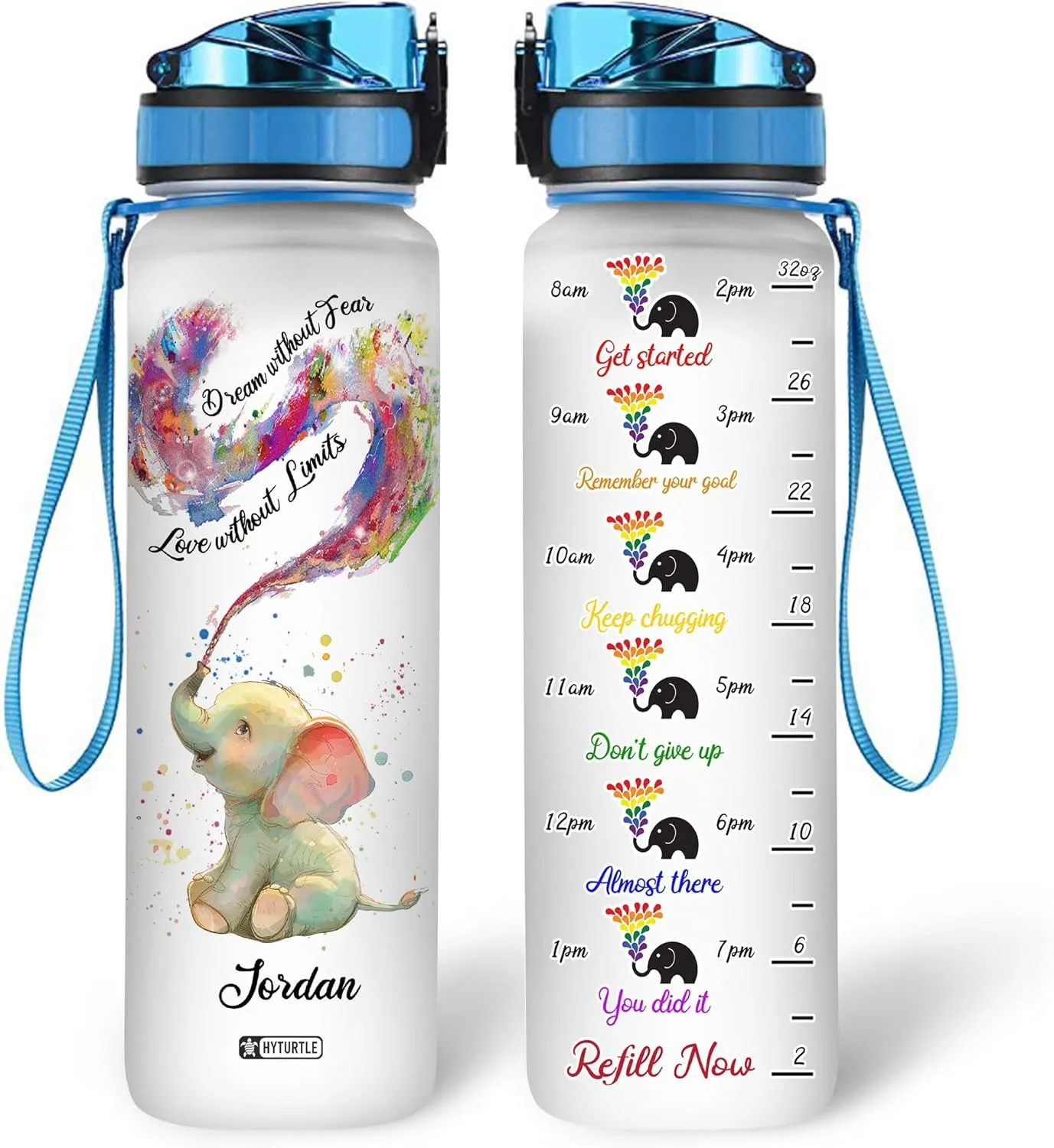 Hyturtle Personalized Dream Without Tear Love Without Limits Elephant LGBT 32Oz Liter Motivational Water Bottle, Customized Name With Time Marker Gift For Women Men LGBT Lovers On Birthday Pride Day