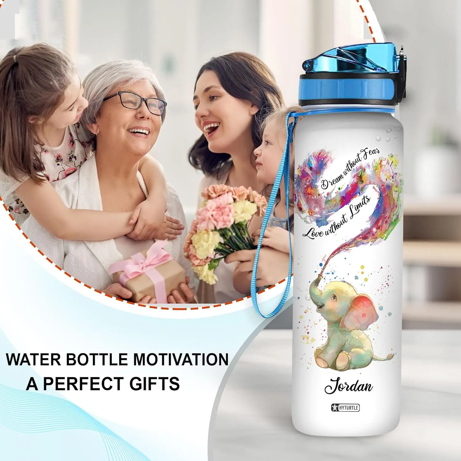 Hyturtle Personalized Dream Without Tear Love Without Limits Elephant LGBT 32Oz Liter Motivational Water Bottle, Customized Name With Time Marker Gift For Women Men LGBT Lovers On Birthday Pride Day