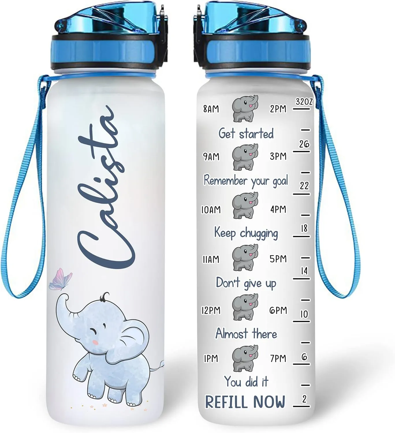 Hyturtle Personalized Elephant Lovers 32 Oz 1Liter Motivational Water Bottle, Elephant Custom Water Bottle With Time Marker, Animal Lover Gifts For Women Girl On Birthday, Christmas