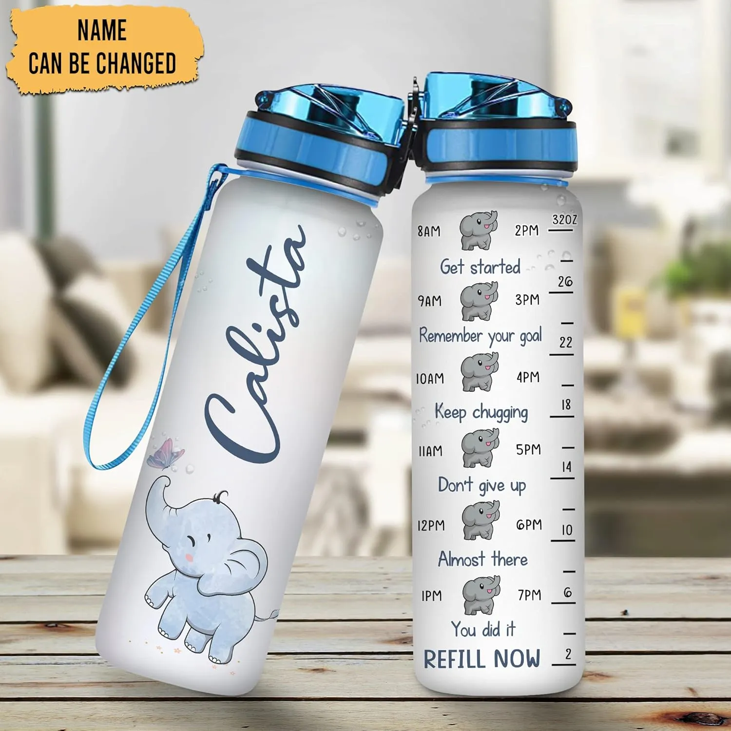 Hyturtle Personalized Elephant Lovers 32 Oz 1Liter Motivational Water Bottle, Elephant Custom Water Bottle With Time Marker, Animal Lover Gifts For Women Girl On Birthday, Christmas