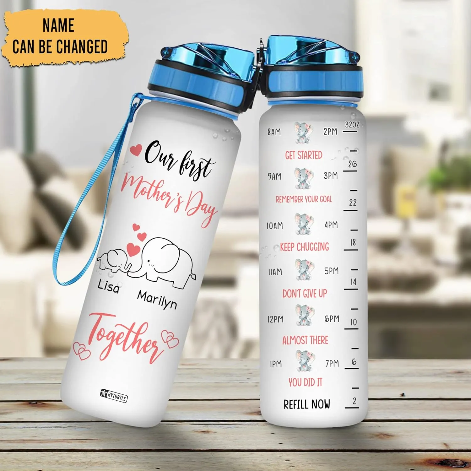 Hyturtle Personalized Elephant Lovers 32 Oz 1Liter Motivational Water Bottle, Our first Mother's Day Together Custom Water Bottle With Time Marker, Animal Lover Gifts For Women Girl On Birthday