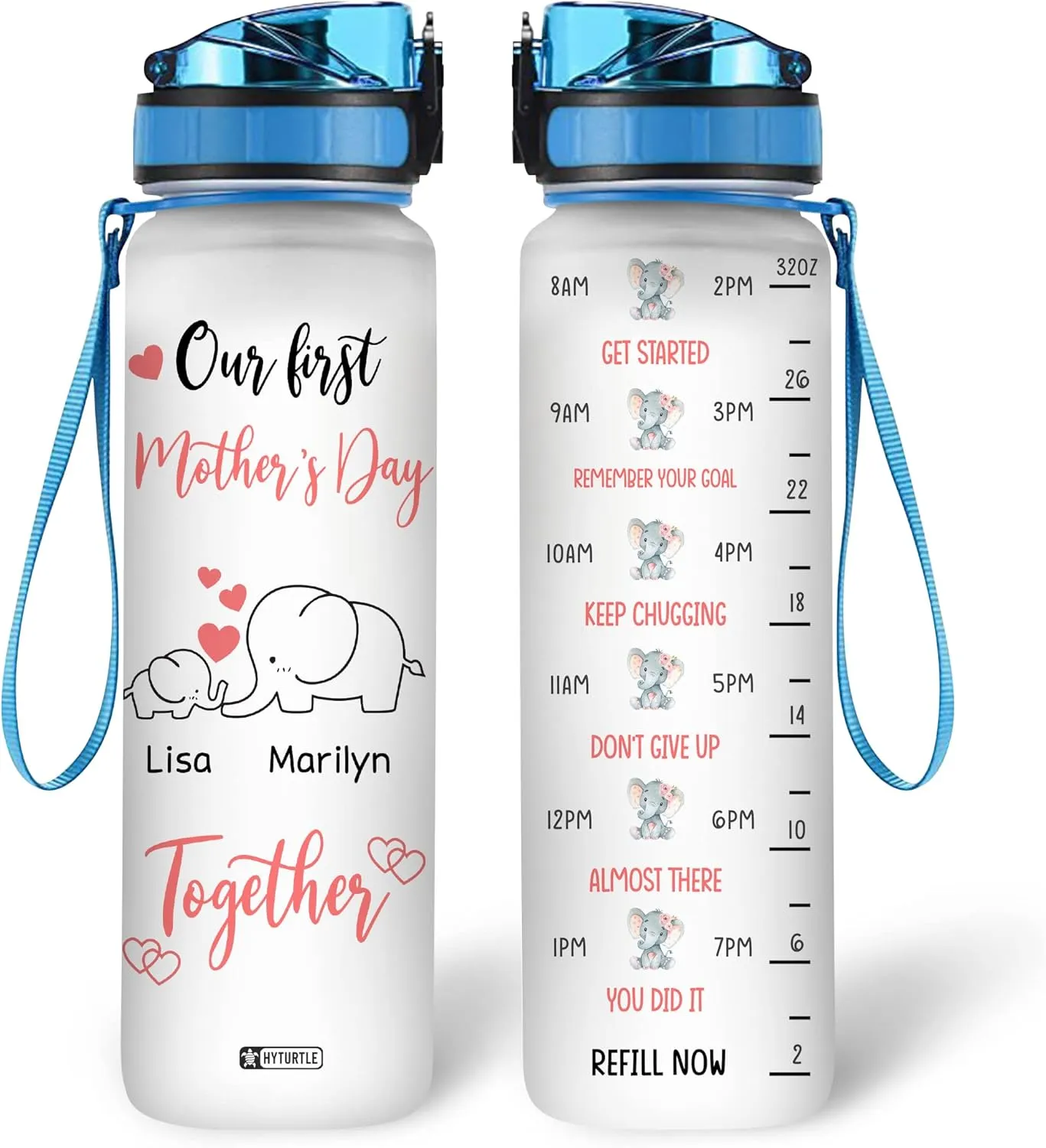 Hyturtle Personalized Elephant Lovers 32 Oz 1Liter Motivational Water Bottle, Our first Mother's Day Together Custom Water Bottle With Time Marker, Animal Lover Gifts For Women Girl On Birthday