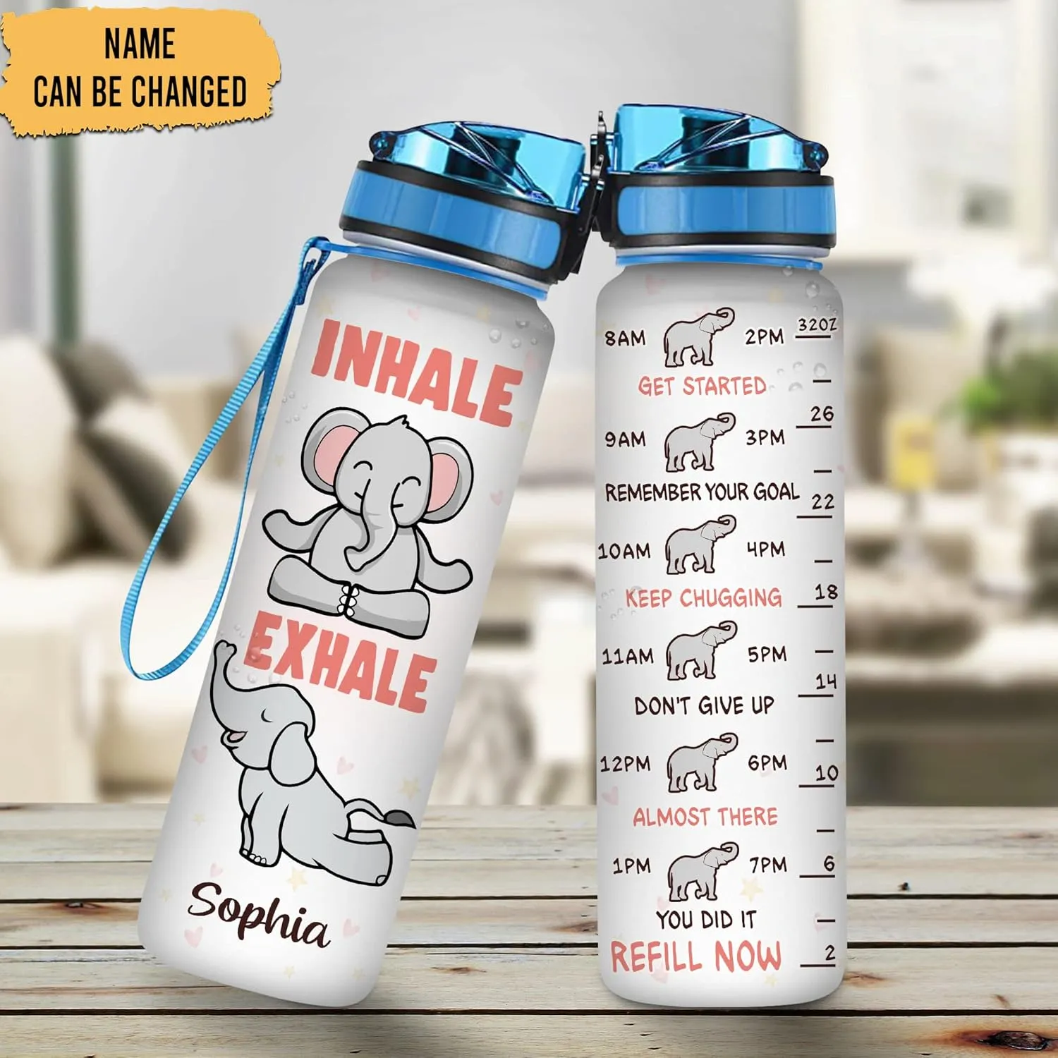 Hyturtle Personalized Elephant Lovers 32 Oz 1Liter Motivational Water Bottle, Yoga Elephant Custom Water Bottle With Time Marker, Animal Lover Gifts For Women Girl On Birthday, Christmas