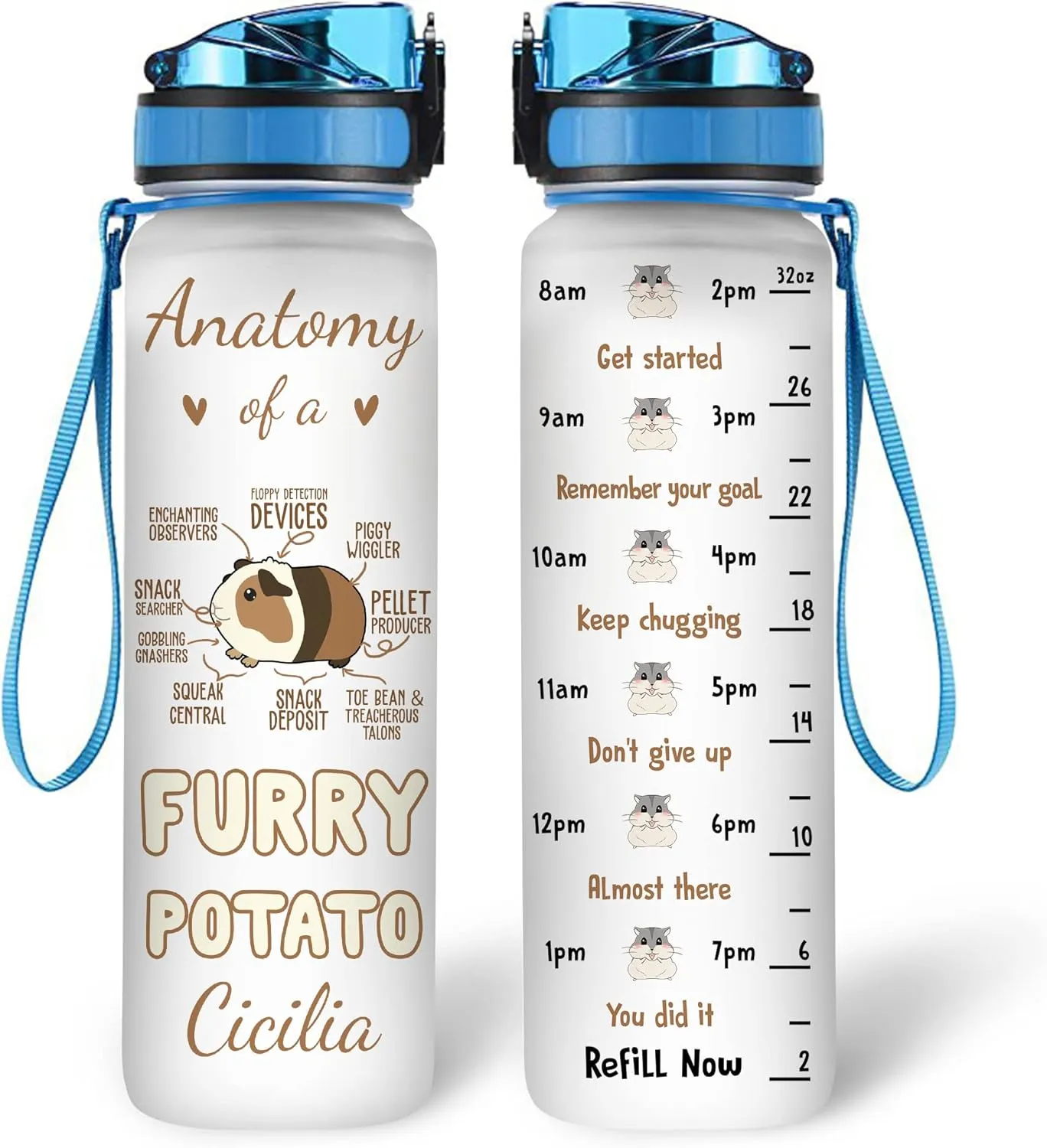 Hyturtle Personalized Guinea Pig 32Oz Liter Motivational Water Bottle, Furry Potato Guinea Pig Customized Name Water Bottle With Time Marker Gift For Women Girl On Birthday, Mother Day's