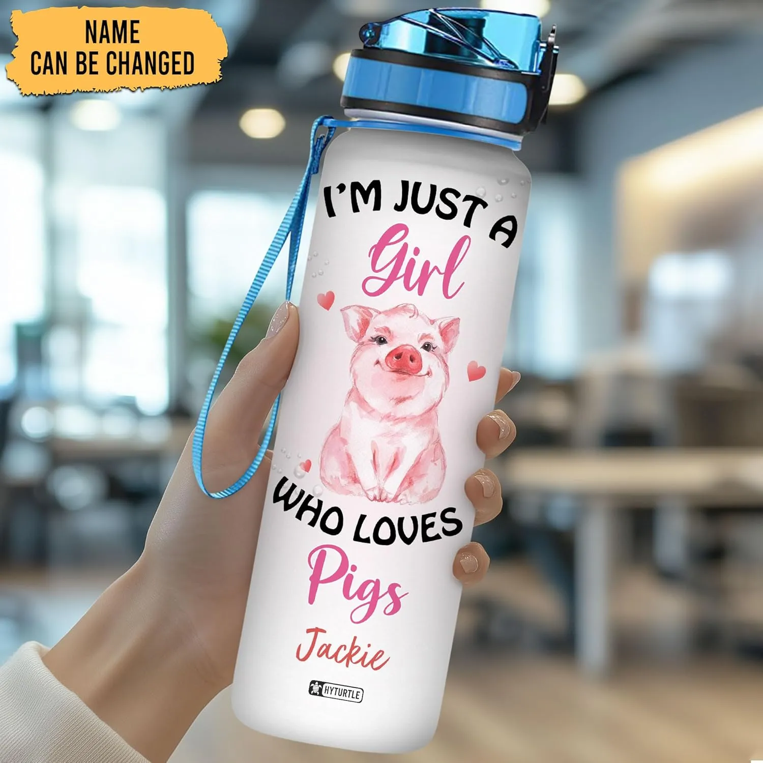Hyturtle Personalized I'm Just A Girl Who Loves Pigs 32Oz Liter Motivational Water Bottle, Customized Name With Time Marker, Gift For Women Girls Friends Kids Pig Lovers On Birthday Mother's Day