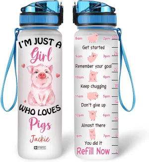 Hyturtle Personalized I'm Just A Girl Who Loves Pigs 32Oz Liter Motivational Water Bottle, Customized Name With Time Marker, Gift For Women Girls Friends Kids Pig Lovers On Birthday Mother's Day