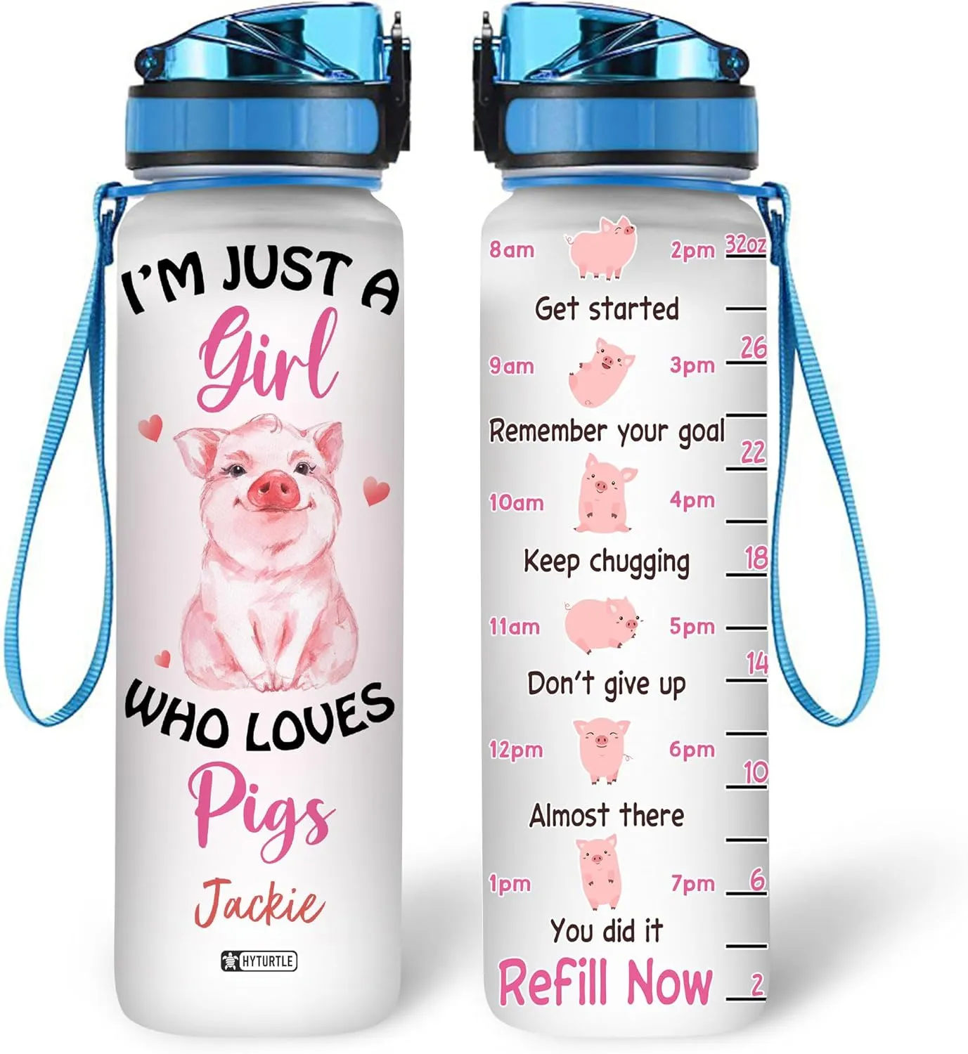 Hyturtle Personalized I'm Just A Girl Who Loves Pigs 32Oz Liter Motivational Water Bottle, Customized Name With Time Marker, Gift For Women Girls Friends Kids Pig Lovers On Birthday Mother's Day