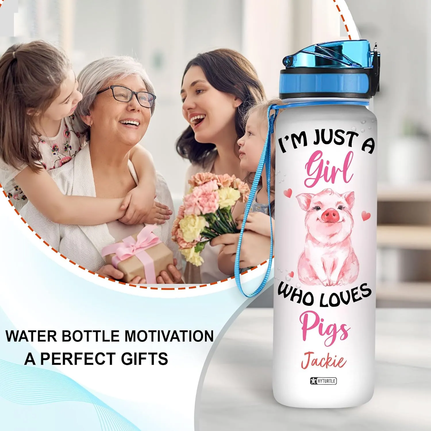 Hyturtle Personalized I'm Just A Girl Who Loves Pigs 32Oz Liter Motivational Water Bottle, Customized Name With Time Marker, Gift For Women Girls Friends Kids Pig Lovers On Birthday Mother's Day