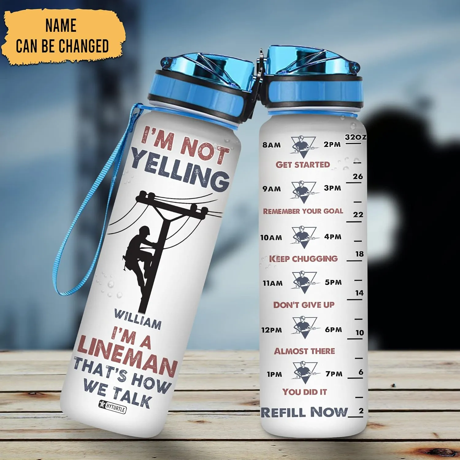 Hyturtle Personalized I'm Not Yelling I'm A Lineman 32Oz Liter Motivational Water Bottle, Customized Name With Time Marker, Gifts For Men Electrician Lineman Climber Power Lines On Birthday