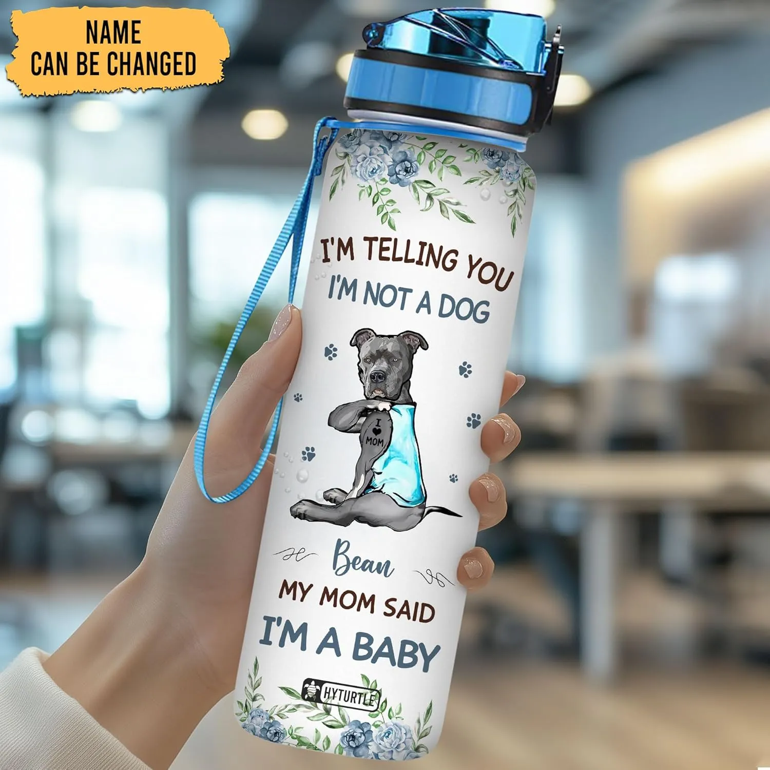 Hyturtle Personalized I'm Telling I'm Not A Dog 32oz Liter Motivational Water Bottle, Customized Name Tracking Water Bottle Gifts For Mom, Dog Lovers On Birthday, Anniversary