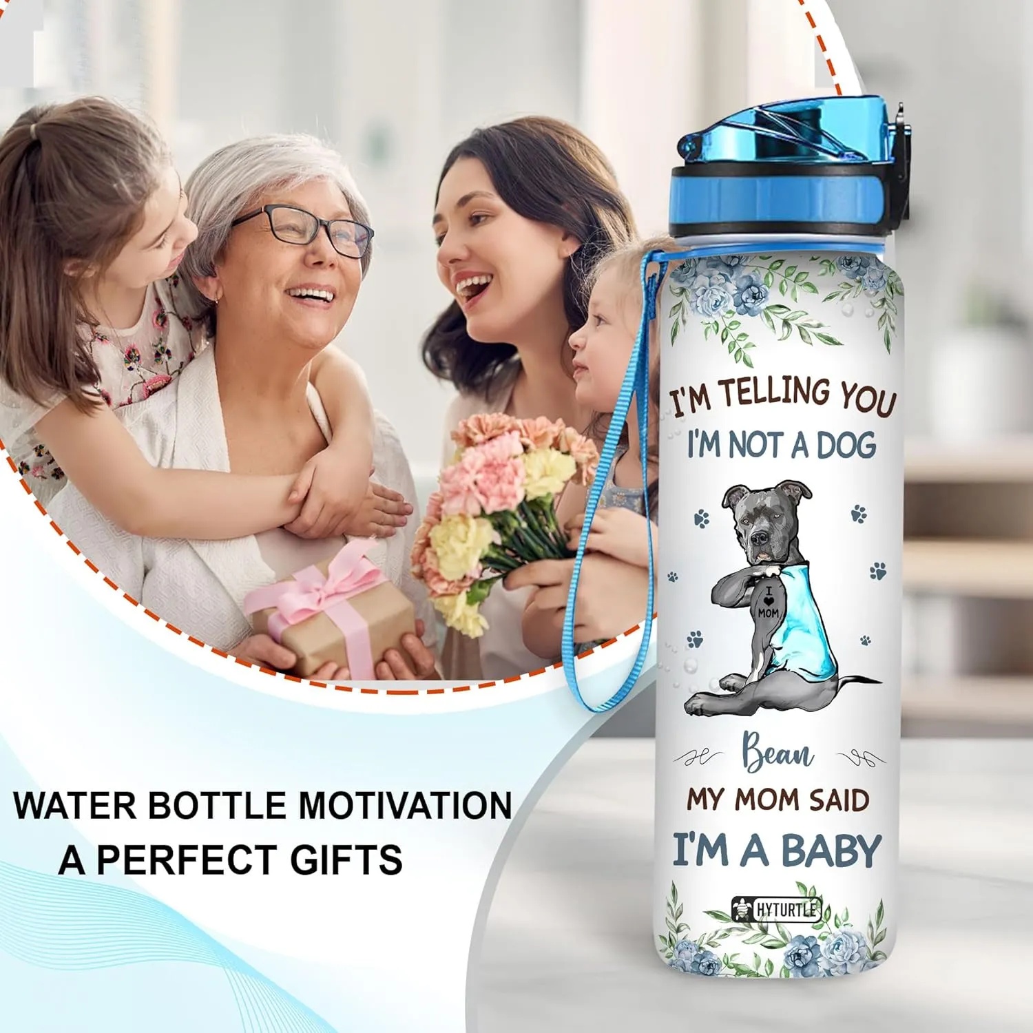Hyturtle Personalized I'm Telling I'm Not A Dog 32oz Liter Motivational Water Bottle, Customized Name Tracking Water Bottle Gifts For Mom, Dog Lovers On Birthday, Anniversary