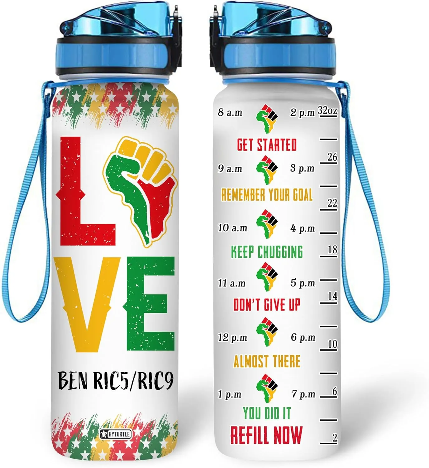 Hyturtle Personalized Juneteenth Water Bottle - 32oz Motivational Water Bottle with Leak-Proof Lid & Time Marker - Custom Name Gift for Black Women Men, Black History On Juneteenth, Independence Day