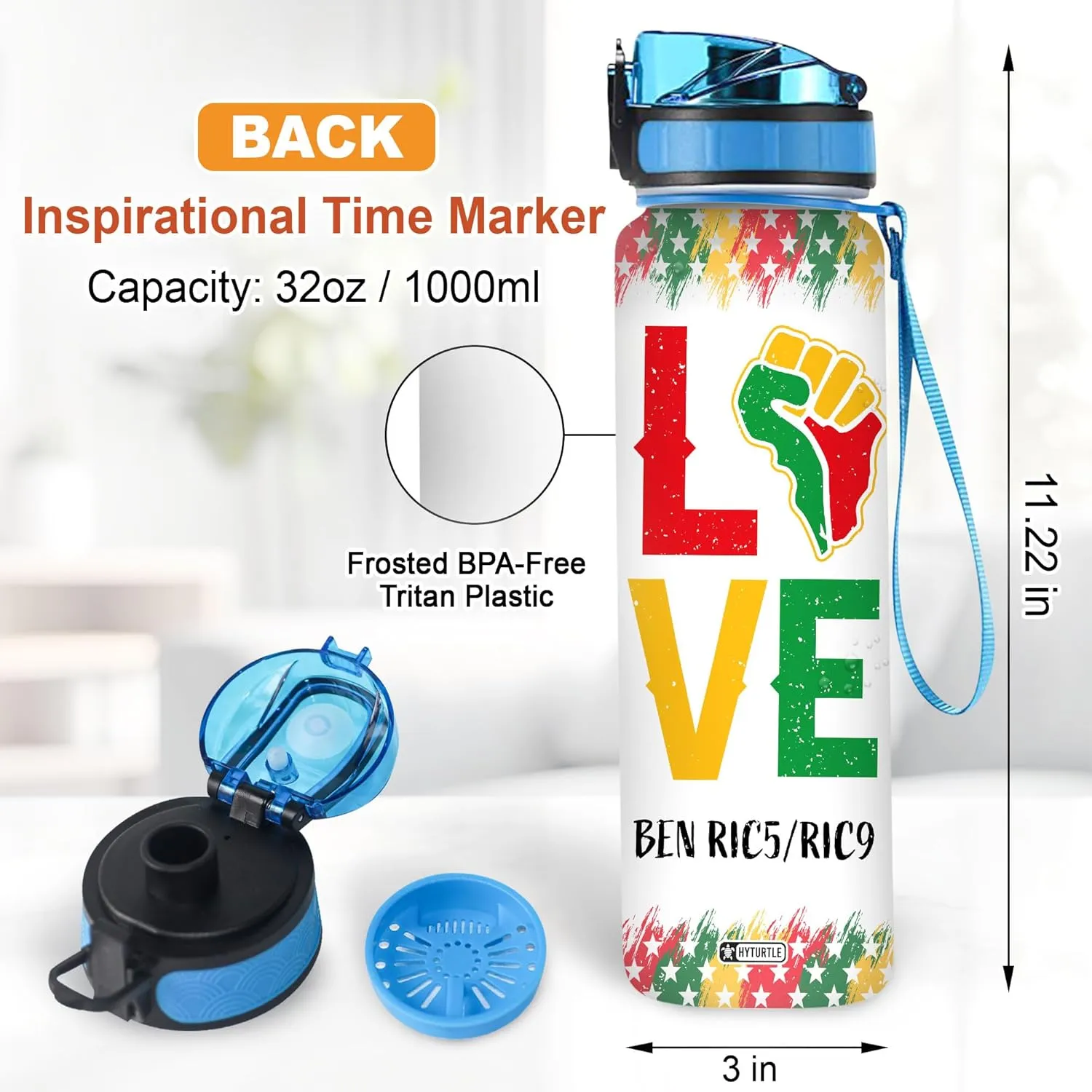 Hyturtle Personalized Juneteenth Water Bottle - 32oz Motivational Water Bottle with Leak-Proof Lid & Time Marker - Custom Name Gift for Black Women Men, Black History On Juneteenth, Independence Day