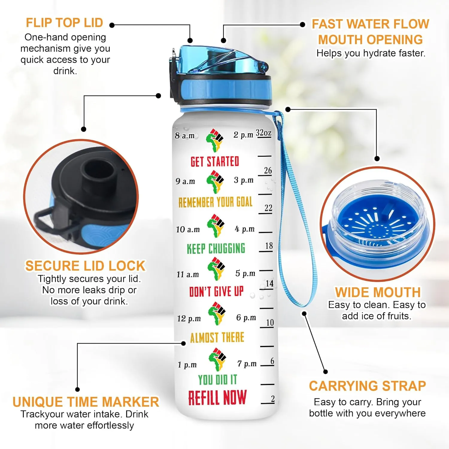 Hyturtle Personalized Juneteenth Water Bottle - 32oz Motivational Water Bottle with Leak-Proof Lid & Time Marker - Custom Name Gift for Black Women Men, Black History On Juneteenth, Independence Day