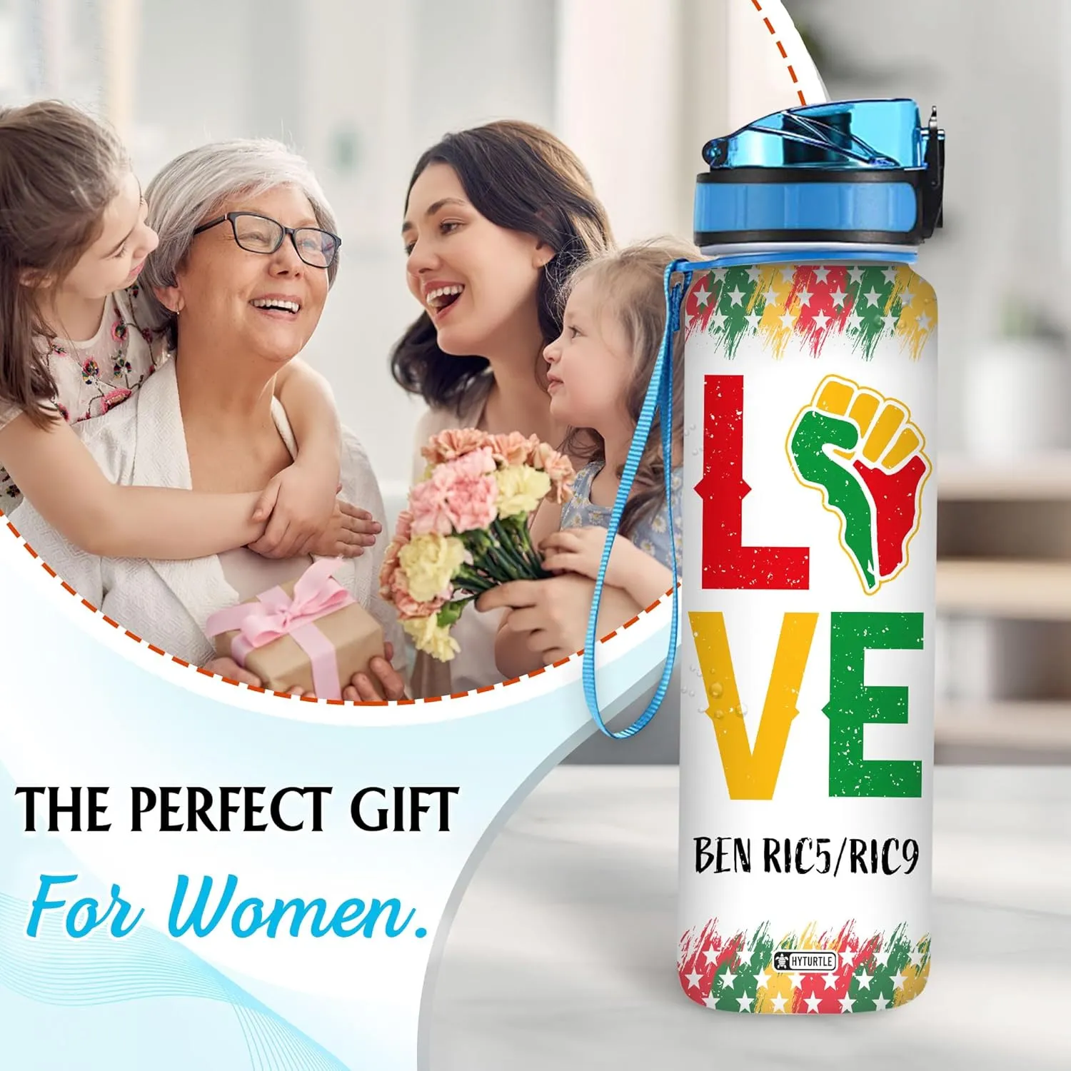 Hyturtle Personalized Juneteenth Water Bottle - 32oz Motivational Water Bottle with Leak-Proof Lid & Time Marker - Custom Name Gift for Black Women Men, Black History On Juneteenth, Independence Day
