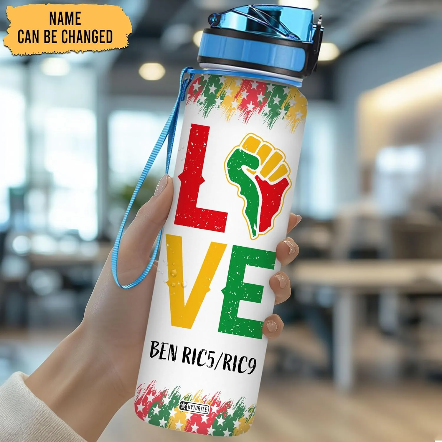 Hyturtle Personalized Juneteenth Water Bottle - 32oz Motivational Water Bottle with Leak-Proof Lid & Time Marker - Custom Name Gift for Black Women Men, Black History On Juneteenth, Independence Day