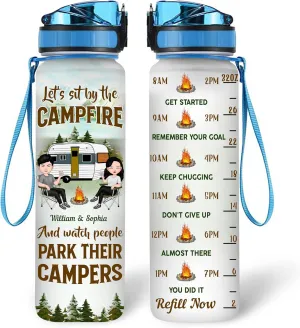 Hyturtle Personalized Let's Sit By The Campfire And Watch People 32oz Liter Motivational Water Bottle Customized Tracking Camper Water Bottle With Time Marker Gifts For Couple Gifts For Camping Lover