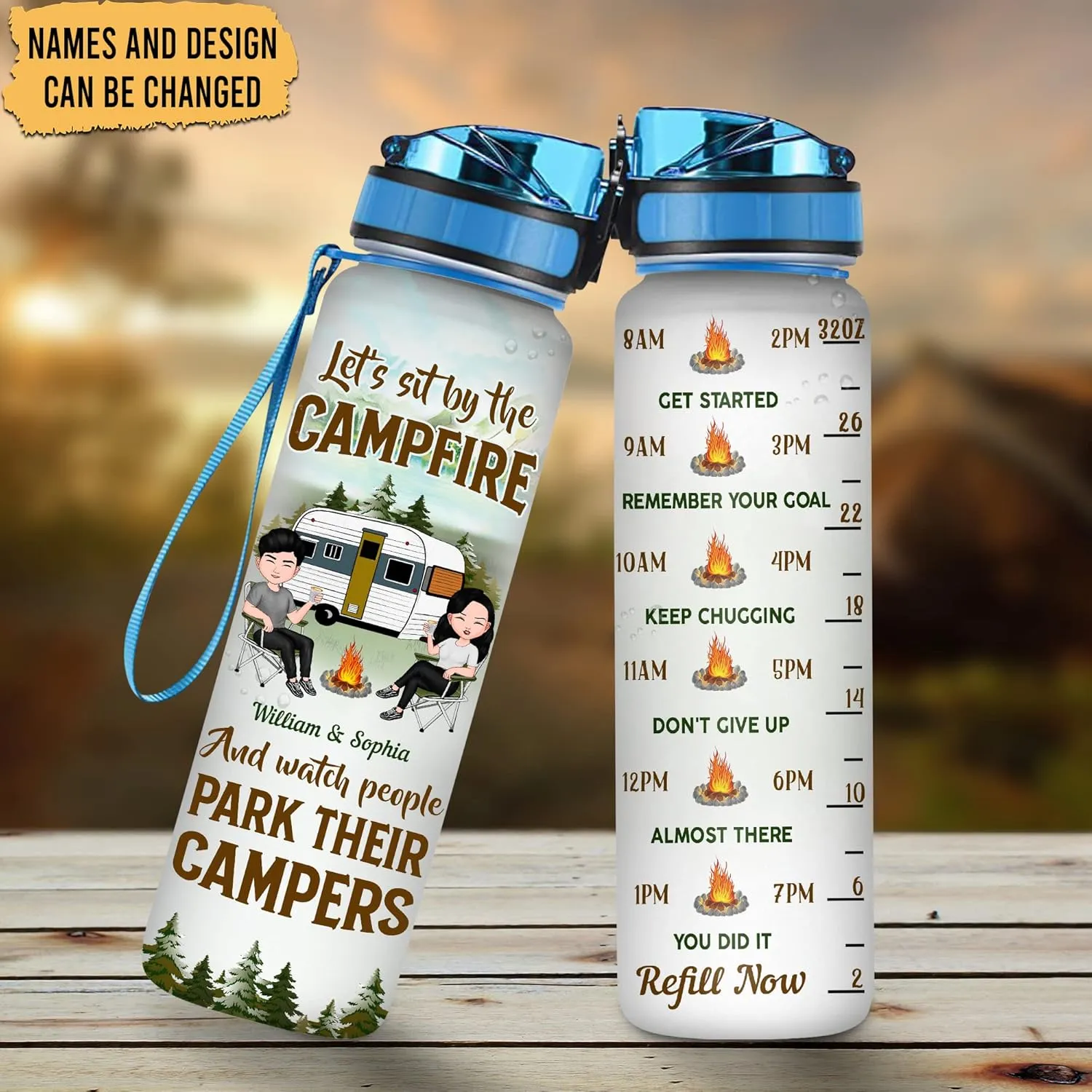 Hyturtle Personalized Let's Sit By The Campfire And Watch People 32oz Liter Motivational Water Bottle Customized Tracking Camper Water Bottle With Time Marker Gifts For Couple Gifts For Camping Lover