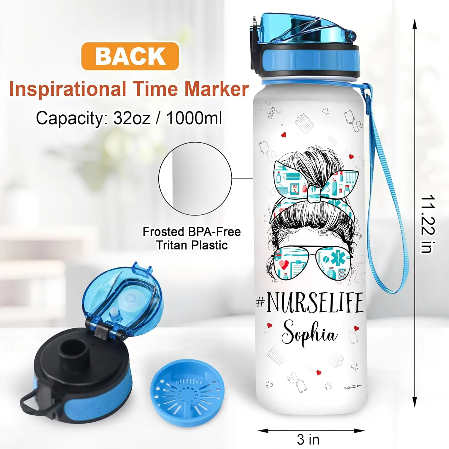 Hyturtle Personalized Nurse Life Woman Face 32oz 1Liter Motivational Water Bottle, Customized Water Bottle Funny Nurse, Gifts For Nurses Graduation|Appreciation Present For Coworkers
