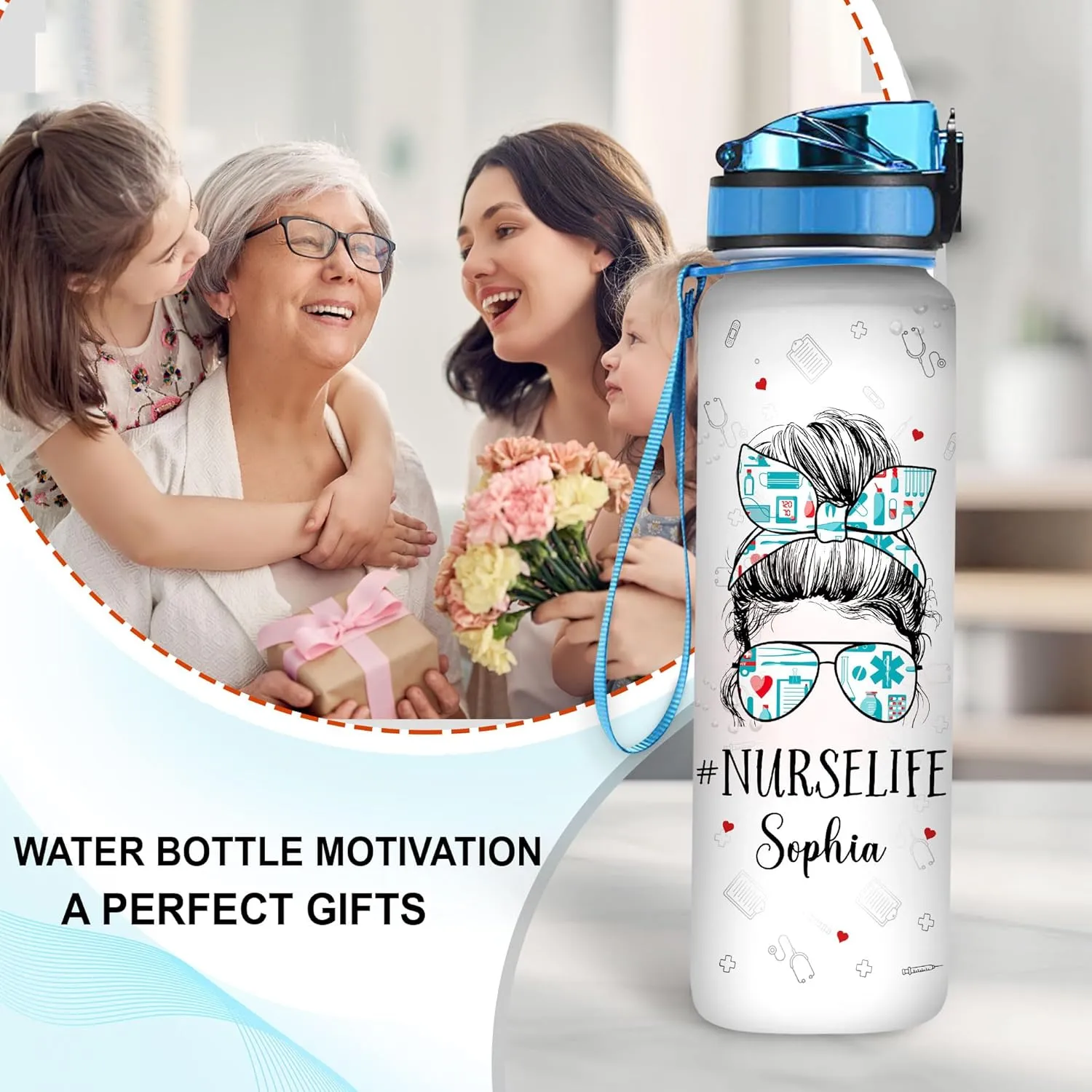 Hyturtle Personalized Nurse Life Woman Face 32oz 1Liter Motivational Water Bottle, Customized Water Bottle Funny Nurse, Gifts For Nurses Graduation|Appreciation Present For Coworkers