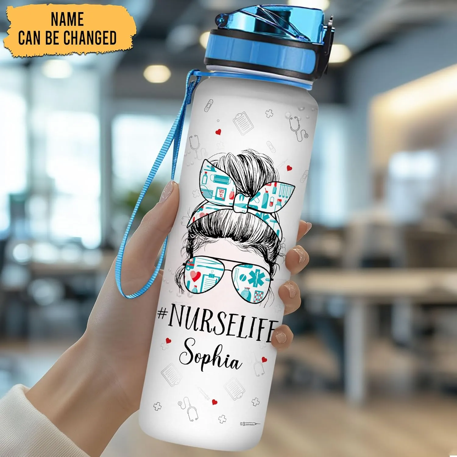 Hyturtle Personalized Nurse Life Woman Face 32oz 1Liter Motivational Water Bottle, Customized Water Bottle Funny Nurse, Gifts For Nurses Graduation|Appreciation Present For Coworkers