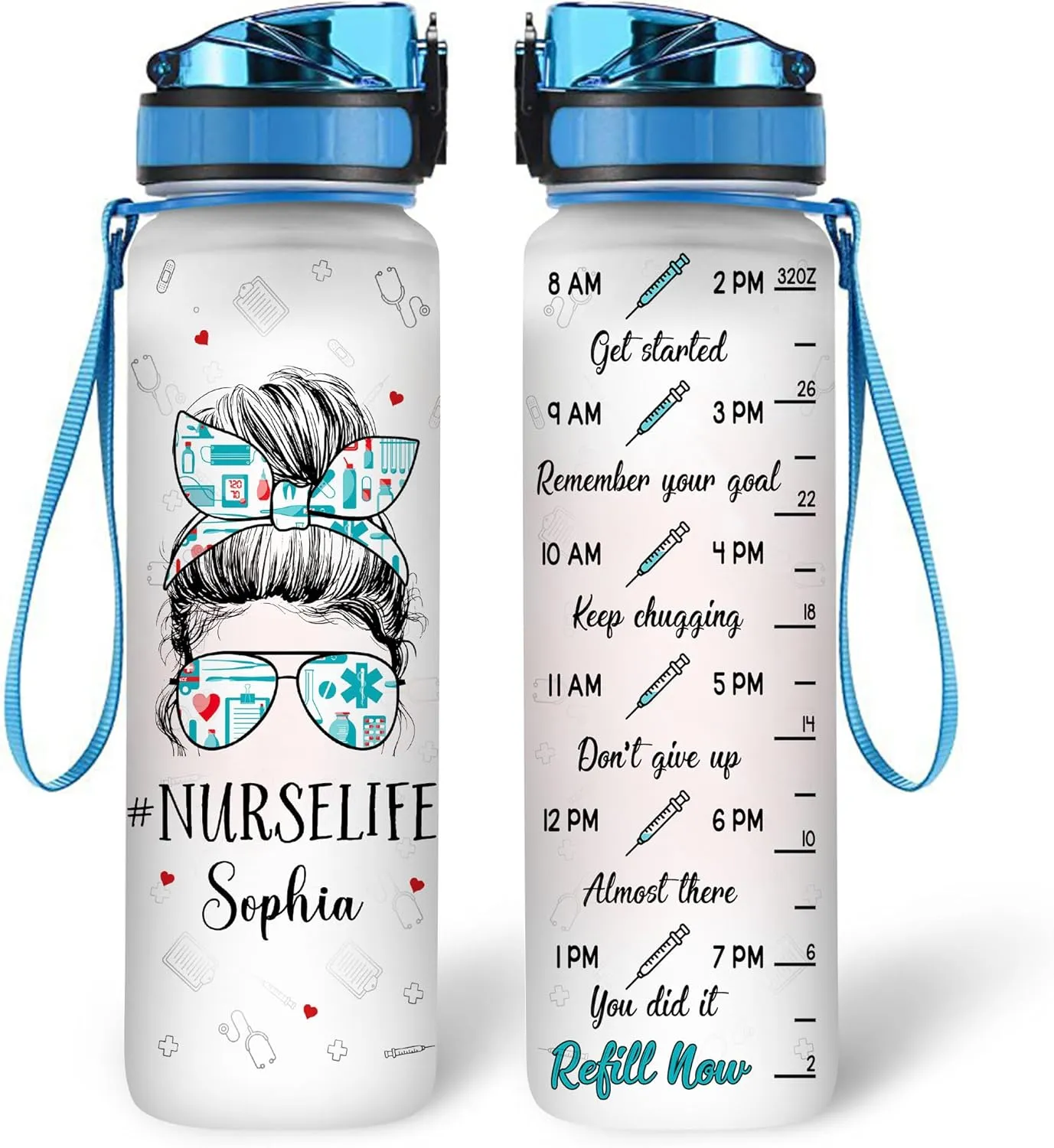 Hyturtle Personalized Nurse Life Woman Face 32oz 1Liter Motivational Water Bottle, Customized Water Bottle Funny Nurse, Gifts For Nurses Graduation|Appreciation Present For Coworkers