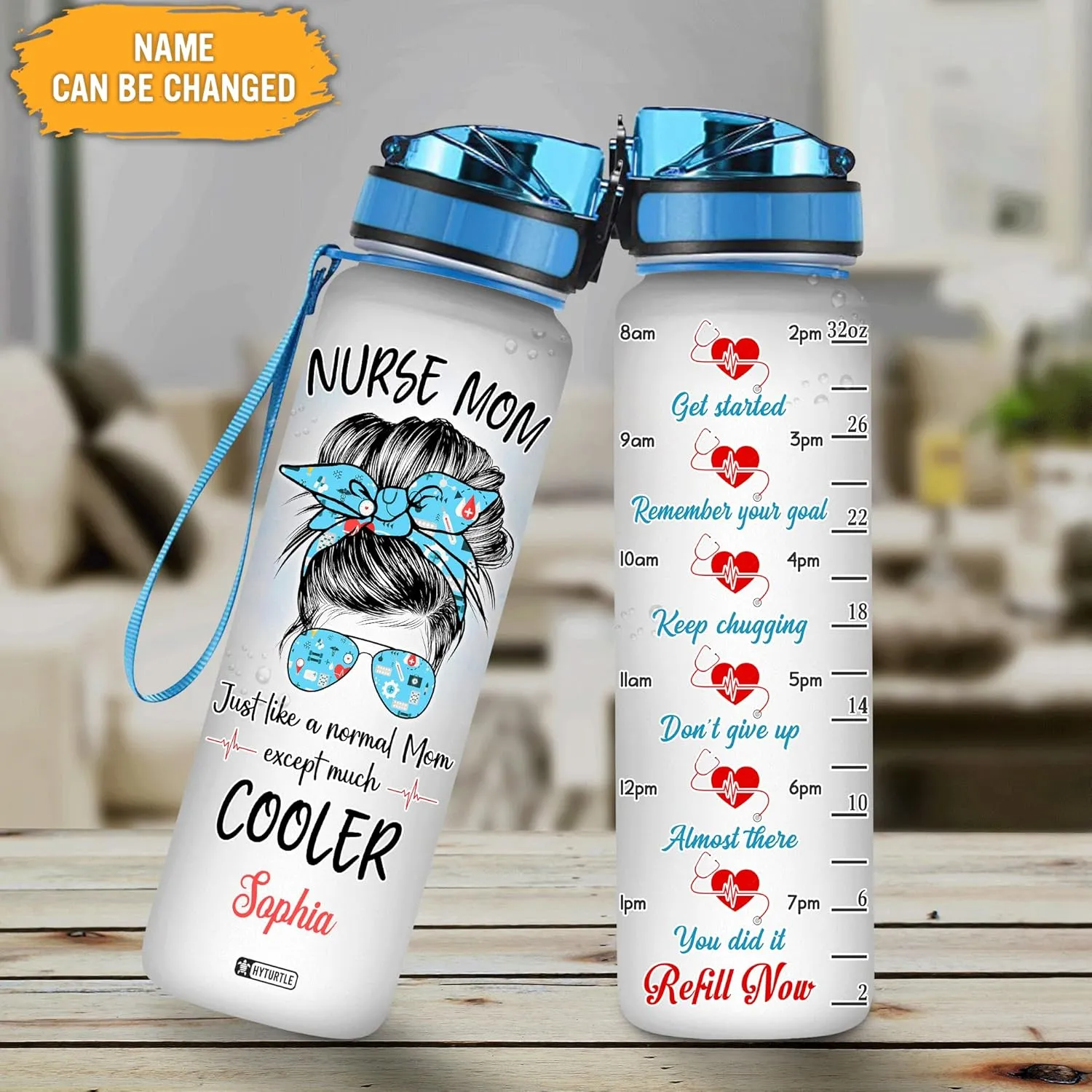 Hyturtle Personalized Nurse Mom Just Like A Normal Mom 32Oz Liter Motivational Water Bottle, Customized Name With Time Marker, Appreciation Gifts For Women Mom Nurse Coworker On Birthday Nurse's Day