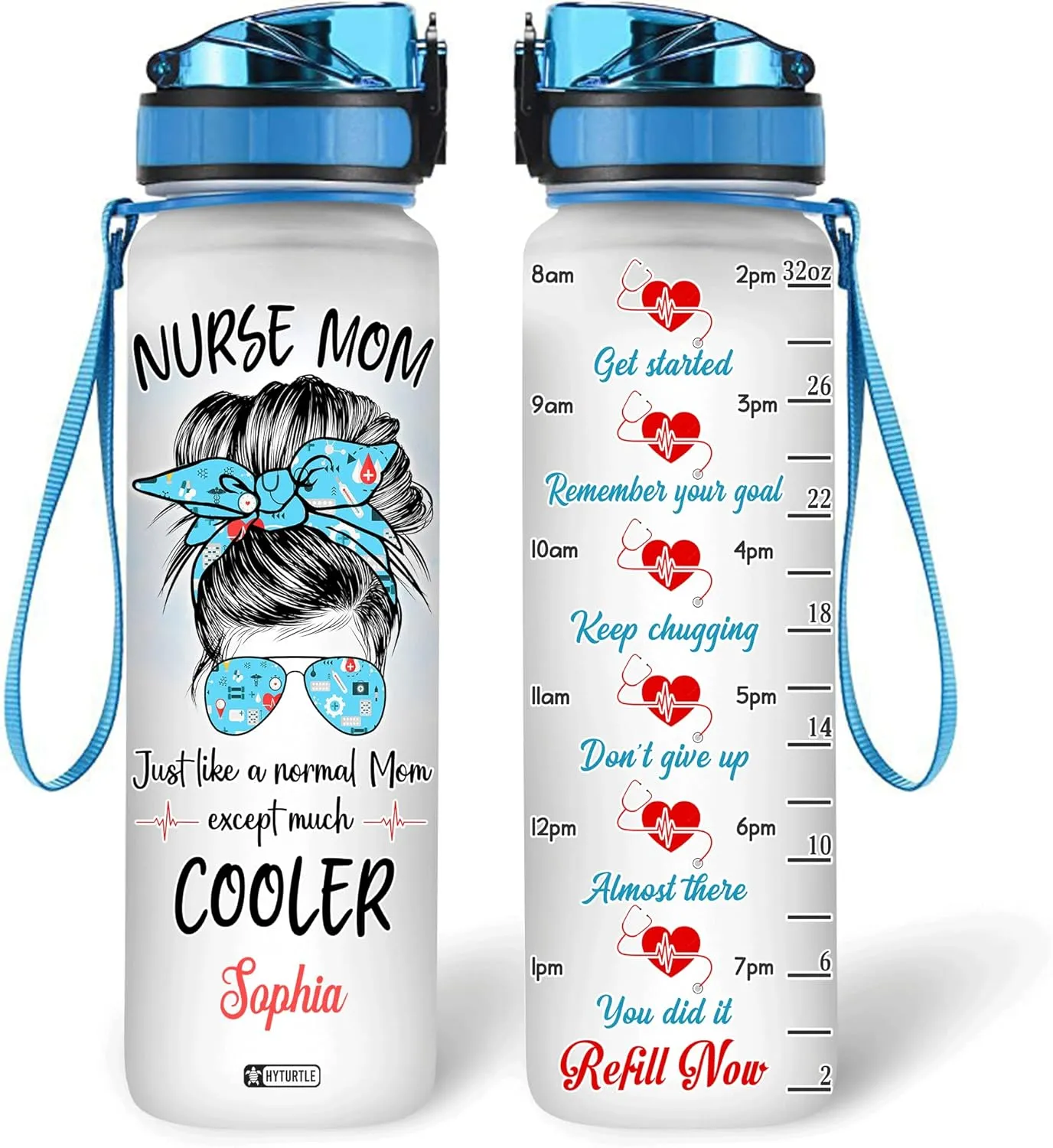 Hyturtle Personalized Nurse Mom Just Like A Normal Mom 32Oz Liter Motivational Water Bottle, Customized Name With Time Marker, Appreciation Gifts For Women Mom Nurse Coworker On Birthday Nurse's Day