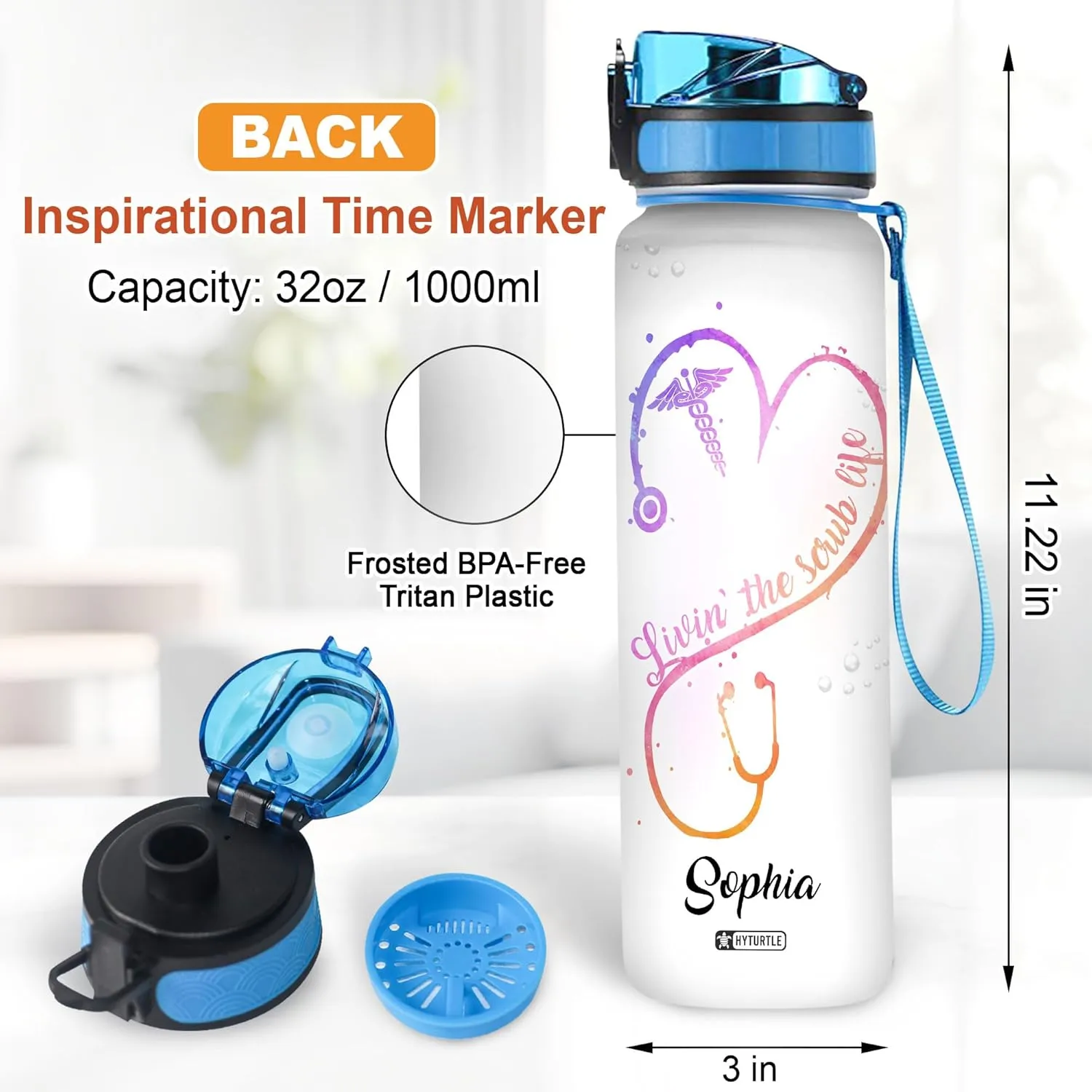 Hyturtle Personalized Nurse Stethoscope Water Bottle - 32oz Motivational Water Bottle with Leak-Proof Lid Time Marker - Custom Name Appreciation Gift for Nurses Nurse Coworkers On Birthday Nurse's Day