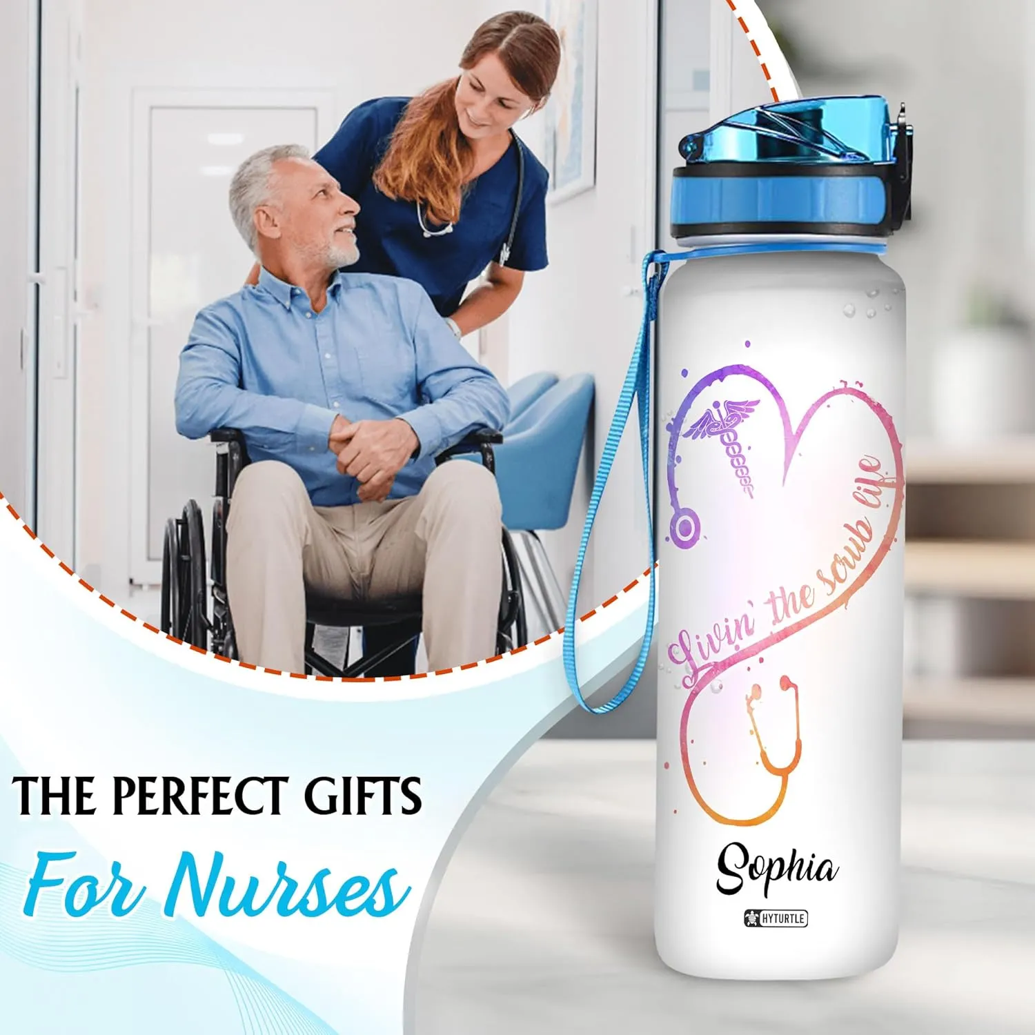 Hyturtle Personalized Nurse Stethoscope Water Bottle - 32oz Motivational Water Bottle with Leak-Proof Lid Time Marker - Custom Name Appreciation Gift for Nurses Nurse Coworkers On Birthday Nurse's Day