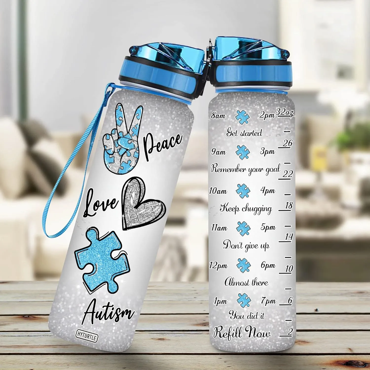 Hyturtle Personalized Peace Love Autism 32Oz Liter Motivational Water Bottle, Customized Water Bottle With Time Marker Support Autism Awareness, Gifts For Women, Kids On Autism Day, Mother's Day