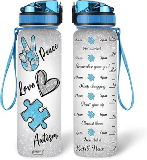 Hyturtle Personalized Peace Love Autism 32Oz Liter Motivational Water Bottle, Customized Water Bottle With Time Marker Support Autism Awareness, Gifts For Women, Kids On Autism Day, Mother's Day