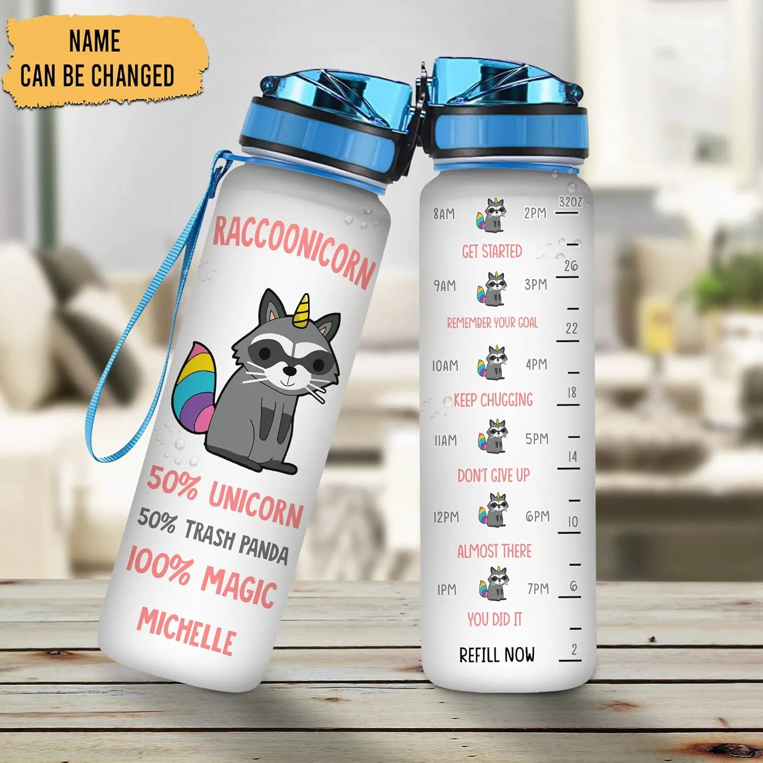 Hyturtle Personalized Raccoon Lovers Water Bottle - 32 Oz 1Liter Motivational Hydration Bottle with Time Marker, Raccoonicorn Custom Name, Gift for Animal Lovers, Women, Girls on Birthdays