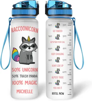 Hyturtle Personalized Raccoon Lovers Water Bottle - 32 Oz 1Liter Motivational Hydration Bottle with Time Marker, Raccoonicorn Custom Name, Gift for Animal Lovers, Women, Girls on Birthdays